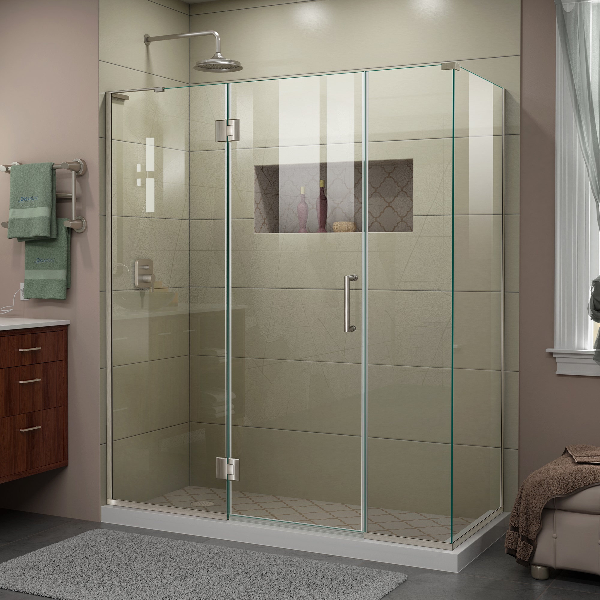 DreamLine E3261430L-04 Unidoor-X Brushed Nickel 64-in W x 72.0-in H Frameless Hinged Shower door 3/8-in Thick Clear Glass
