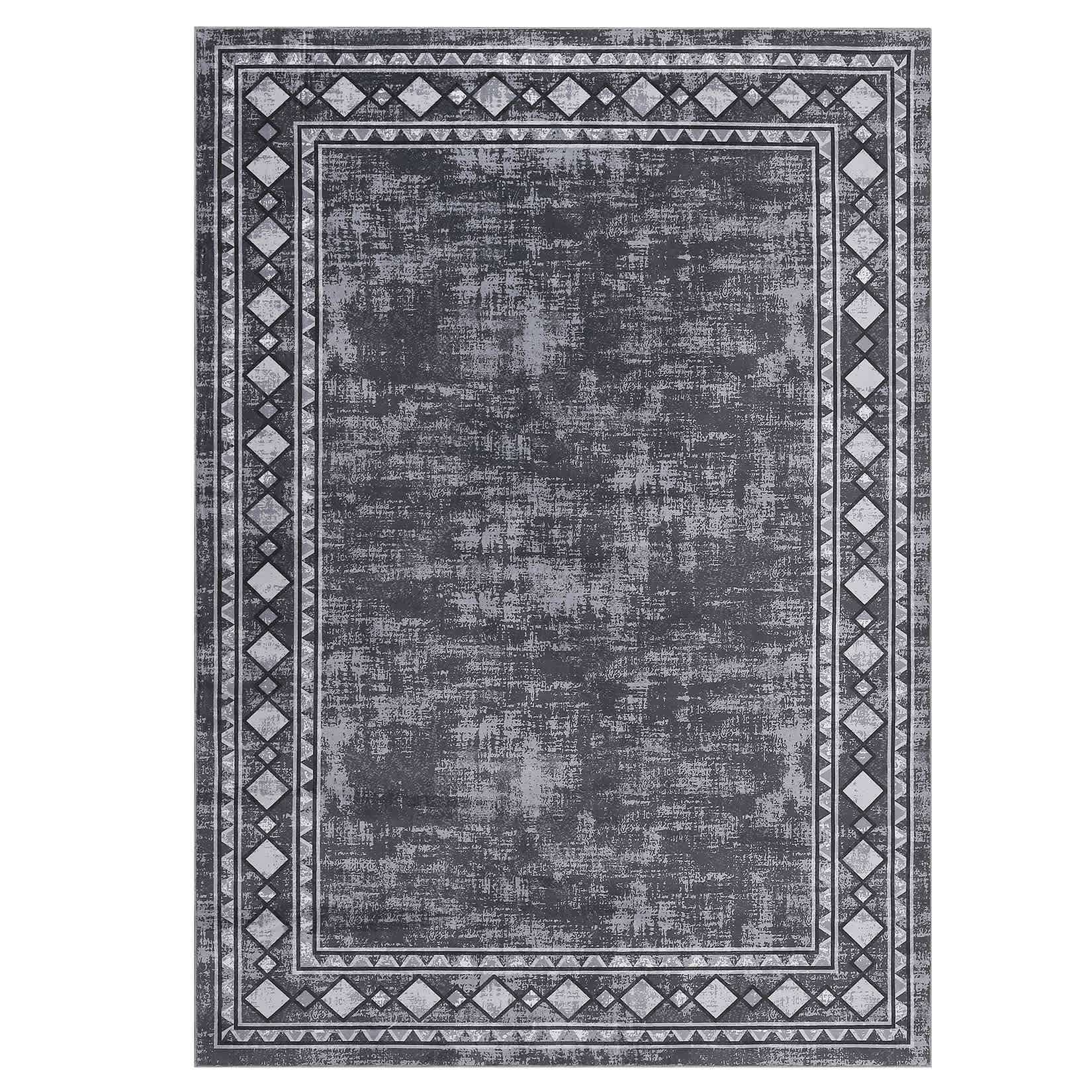 Qeetex SUNNY-PHO-16N7H9DQ 4 x 6 ft Polyester Grey Rectangular Living Room Bedroom Dining Room Geometric Bordered Modern Machine Washable Area Rug