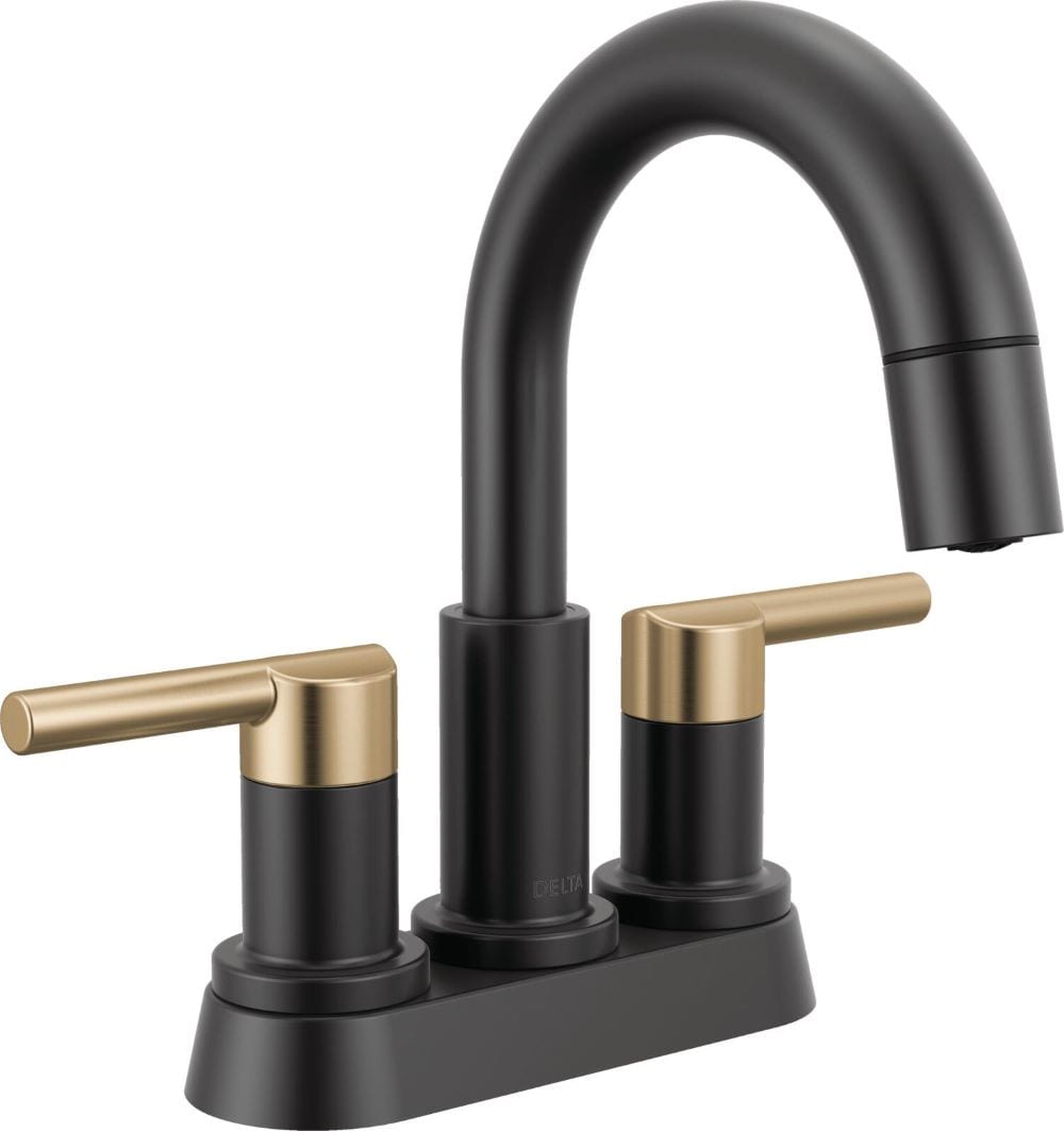 Delta 25749LF-GZPD Nicoli Matte Black / Champagne Bronze 4-in centerset 2-handle WaterSense Mid-arc Residential Handle Pull-down Bathroom Sink Faucet with Drain