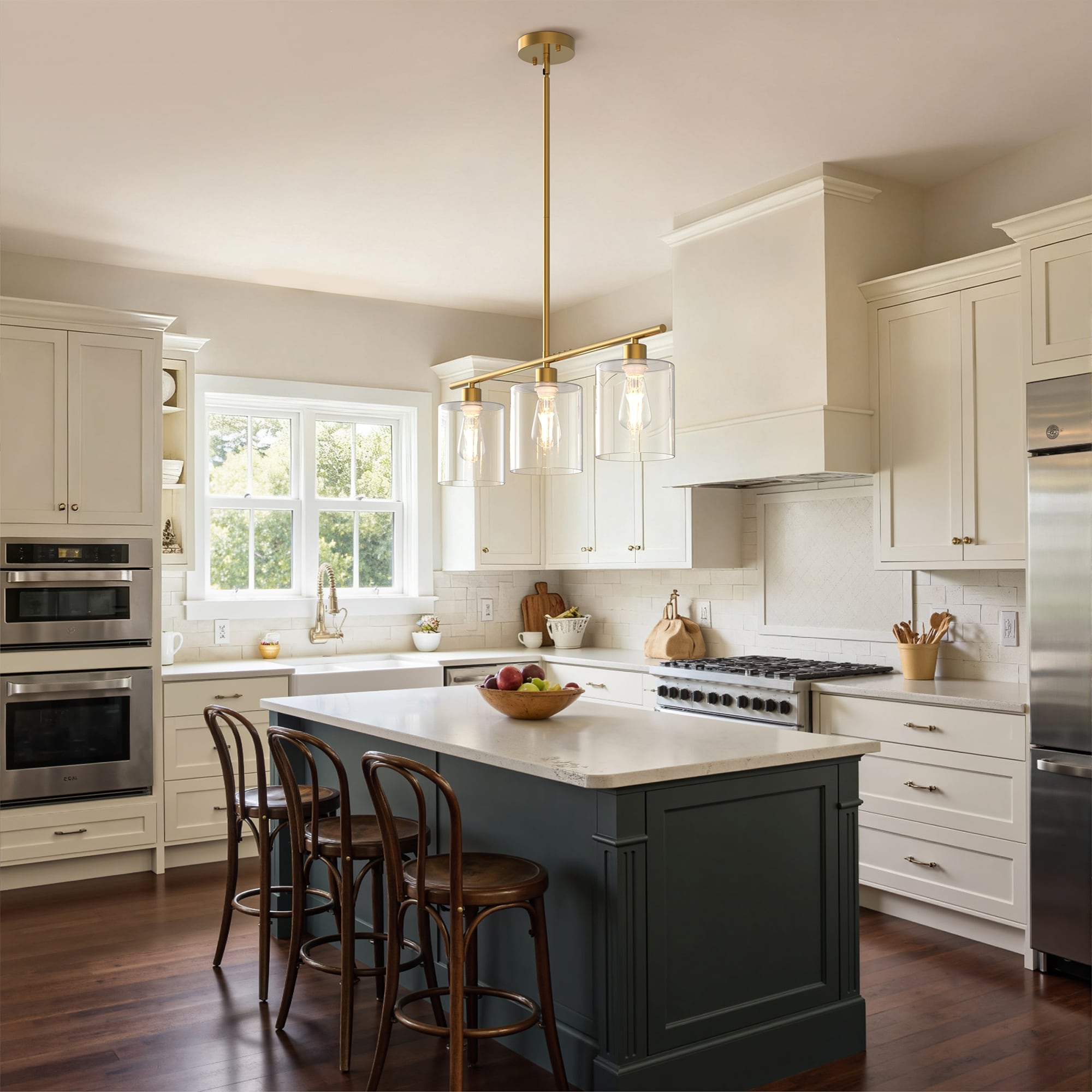 Jandcase 3-Light Brass Kitchen Island Light with E26 Sockets Clear ...