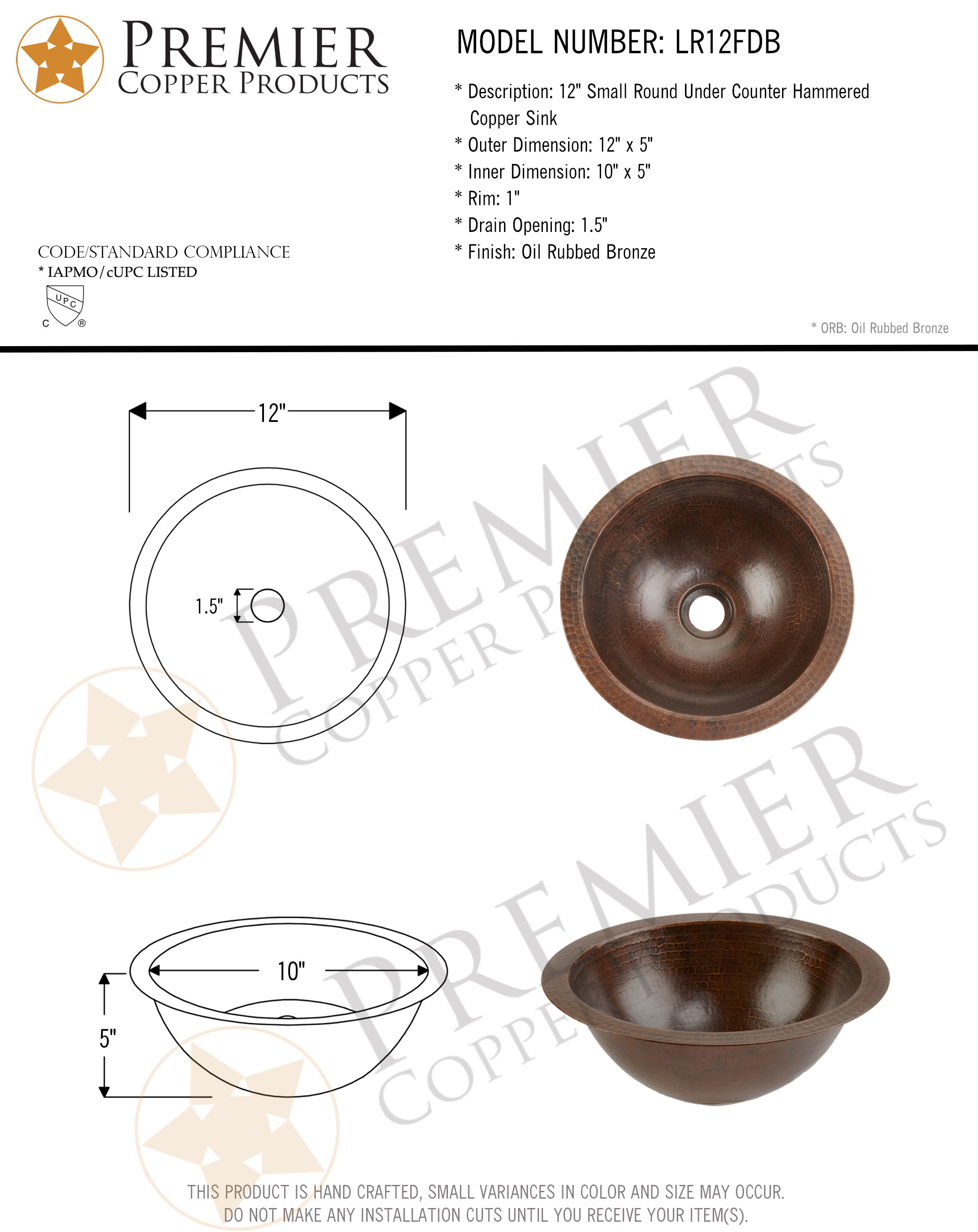 12" Round Hammered Copper Undermount Bathroom Sink