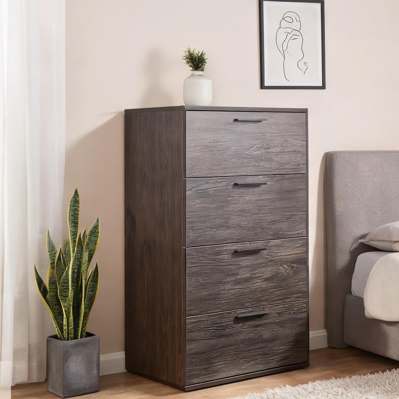 SUNCREAT Modern Four-Drawer Jumbo Chest in Wood-Tone Brown Extra-Deep Storage Solid Wood Construction Full-Extension Slides 20.6L x 31.4W x 47.7H Inches
