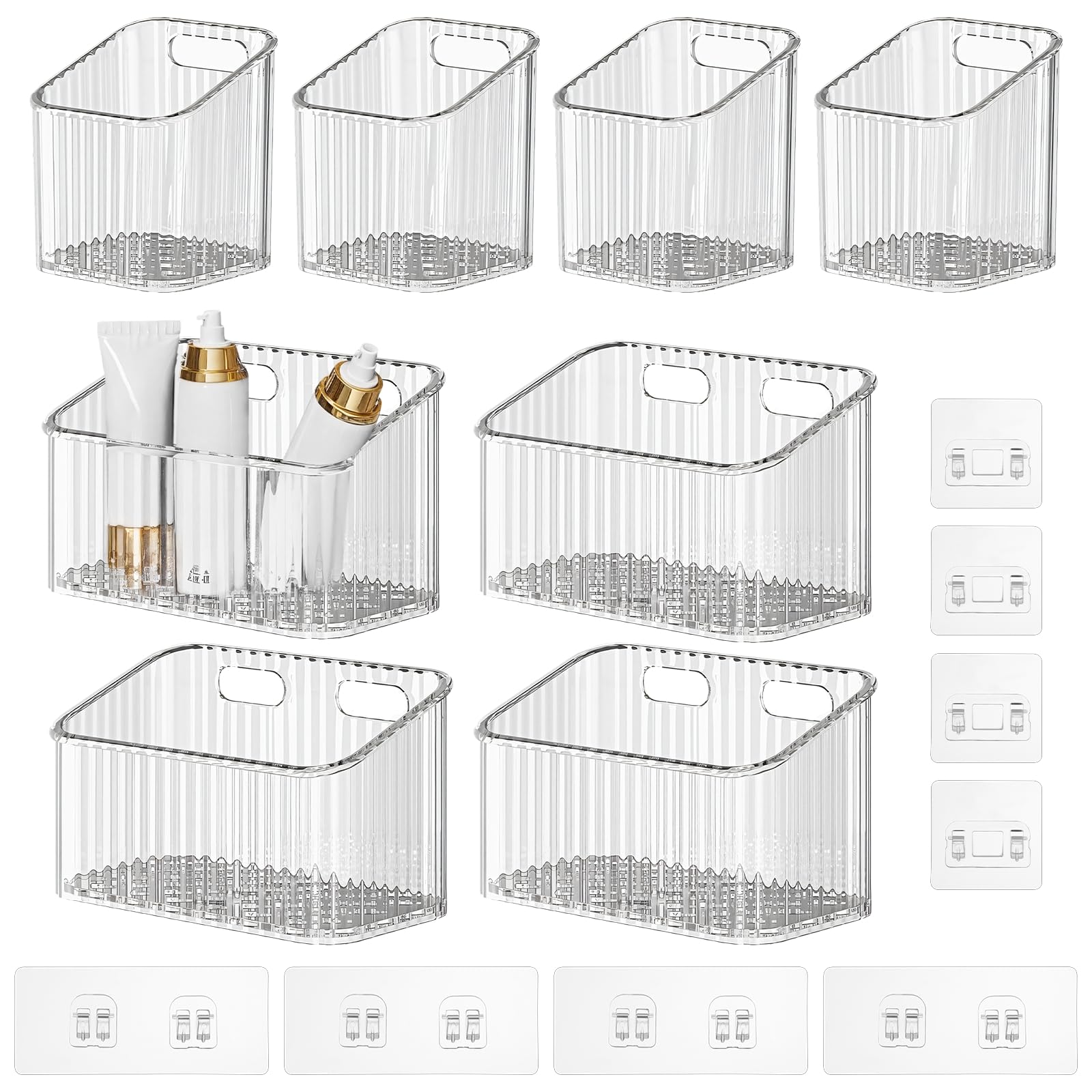 UUDULY  8 Pack Clear Wall Mounted Storage Bins Acrylic Cabinet Door Organizer Baskets Bathroom Wall Storage Organizer with Drain Hole Adhesive