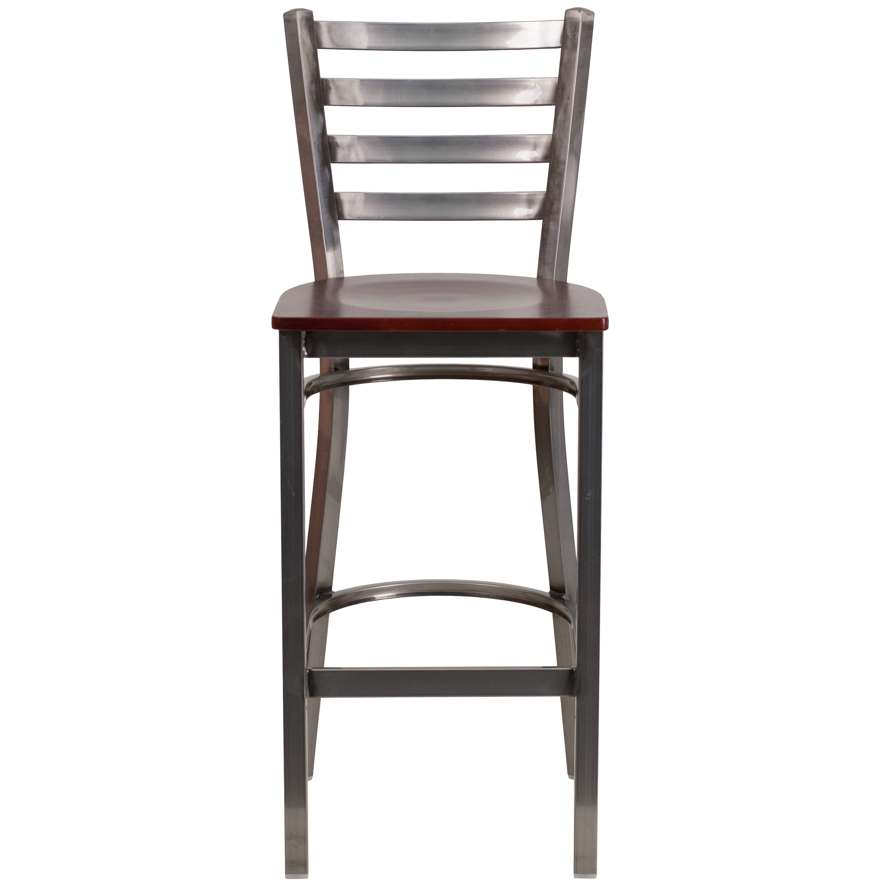Mahogany Wood and Silver Metal Ladder Back Barstool