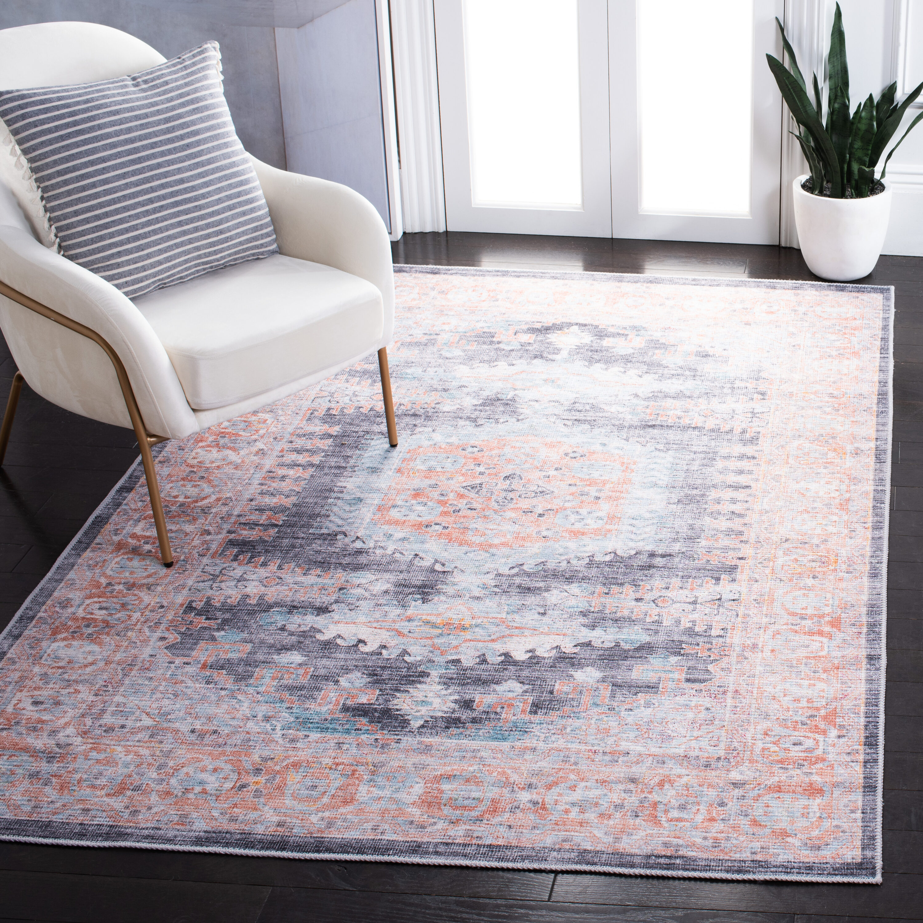 Serapi Blue and Terracotta Square Washable Area Rug
