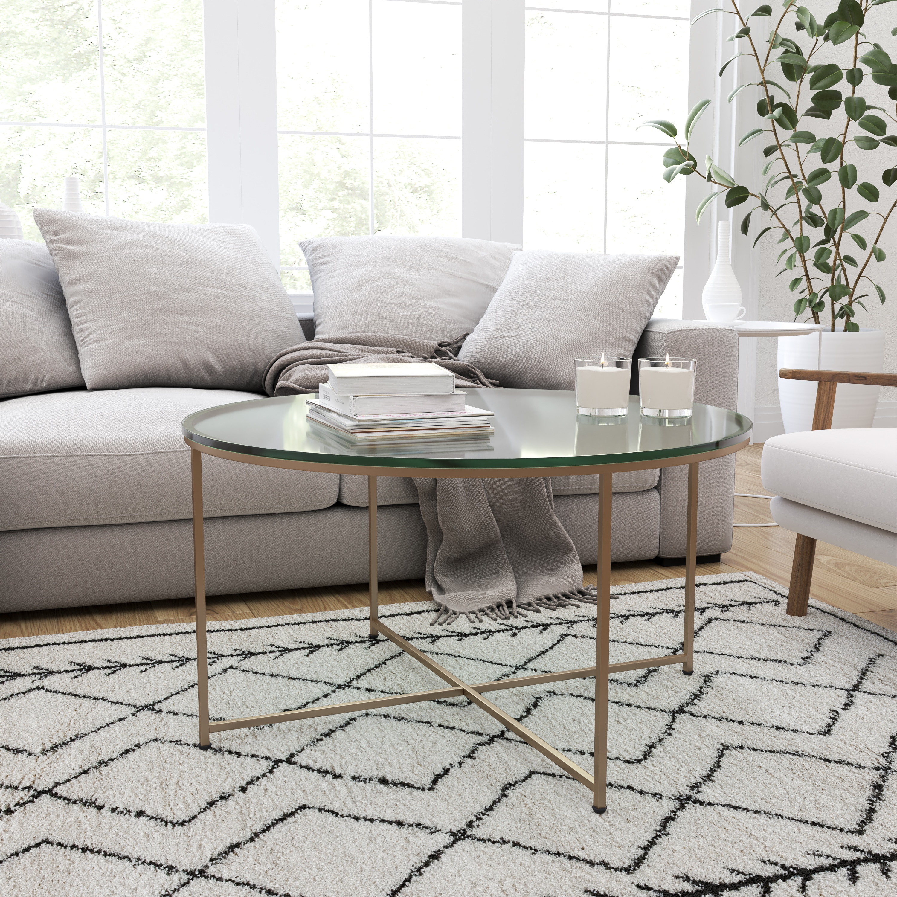 Merrick Lane 889142960362 Fairdale Glass Coffee Table with Round Brushed Gold Cross Brace Frame