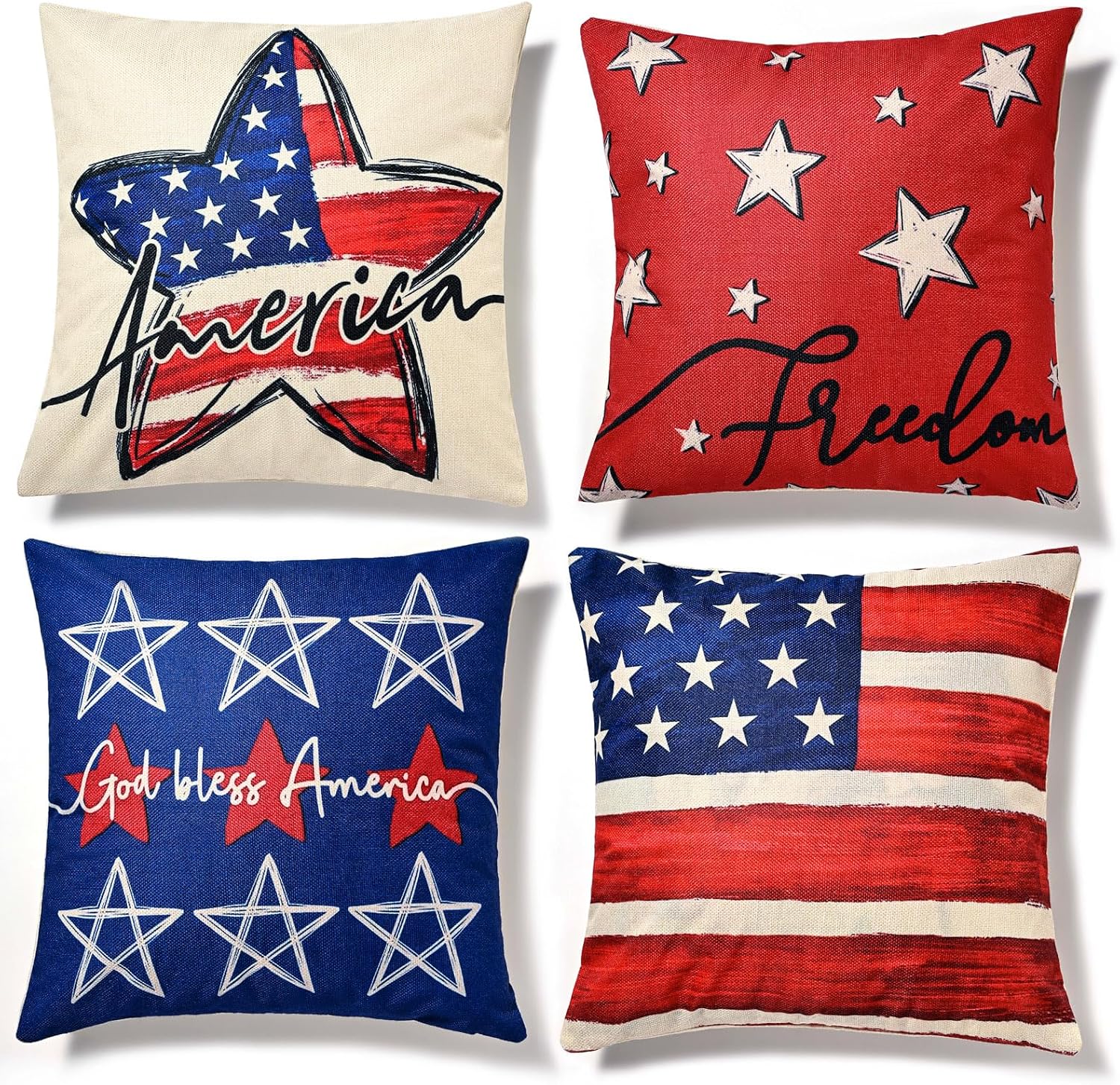 HONGSOME Set of 4 18 in Multicolor Fourth of July Decorative Throw Pillow Covers for Indoor and Outdoor Use