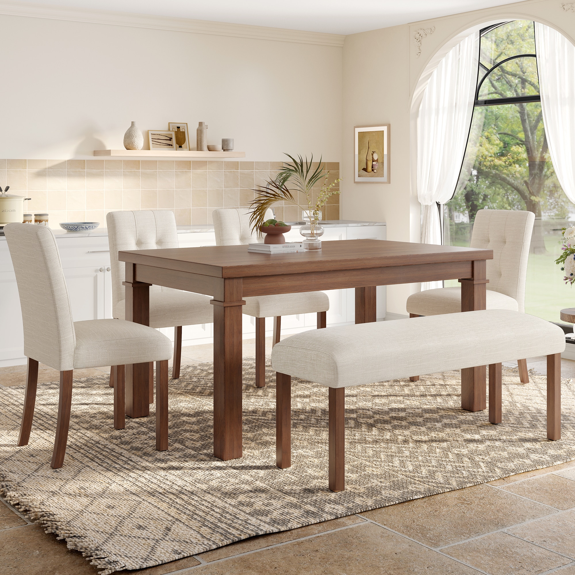 ModernLuxe L3P-N752S000012D 6Piece Modern Dining Set Rectangle Kitchen Table with 4 Upholstered Chairs  Bench Ideal for Dining Room and Living Room Easy Assembly Space Saving