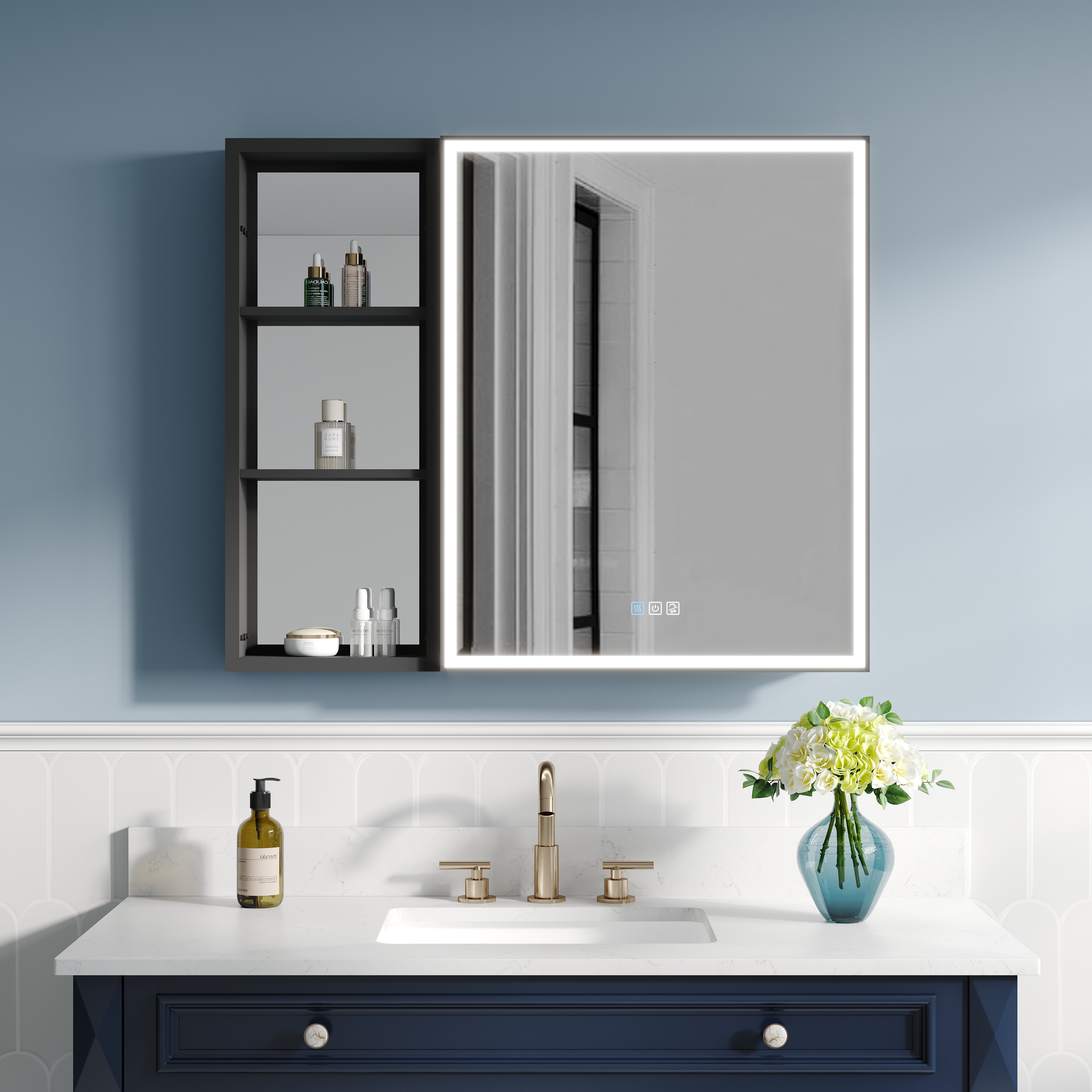 CALVON RC12-2430R-MC Amelia LED Lighted Medicine Cabinet 36-in x 30-in Lighted LED Fog Free Surface/Recessed Mount Black Mirrored Rectangle Soft Close Medicine Cabinet with Outlet