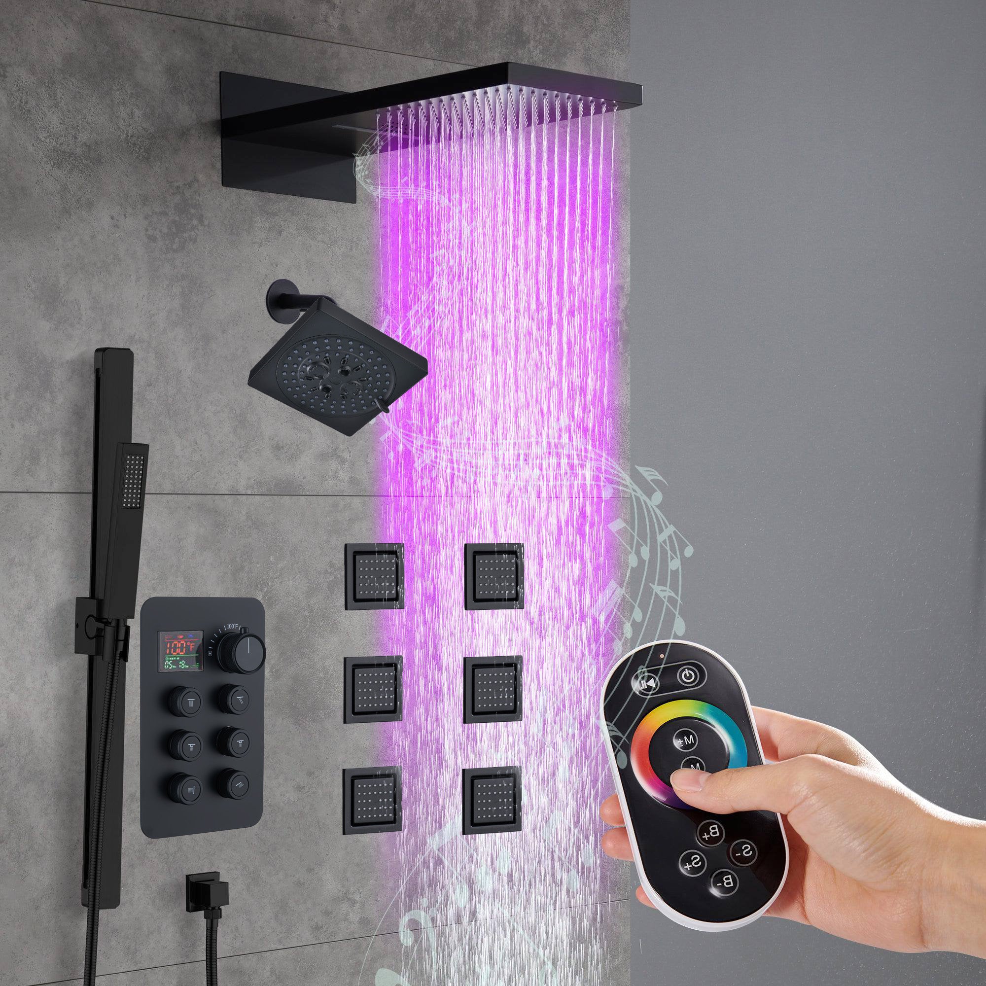 Wonderland America  Matte black 22 Inch Rainfall Waterfall 64 Led Light and Bluetooth Music Shower System with 6-Way Thermostatic Faucet and 7 functions Regular Head with 6 Body Jets and Sliding Bar