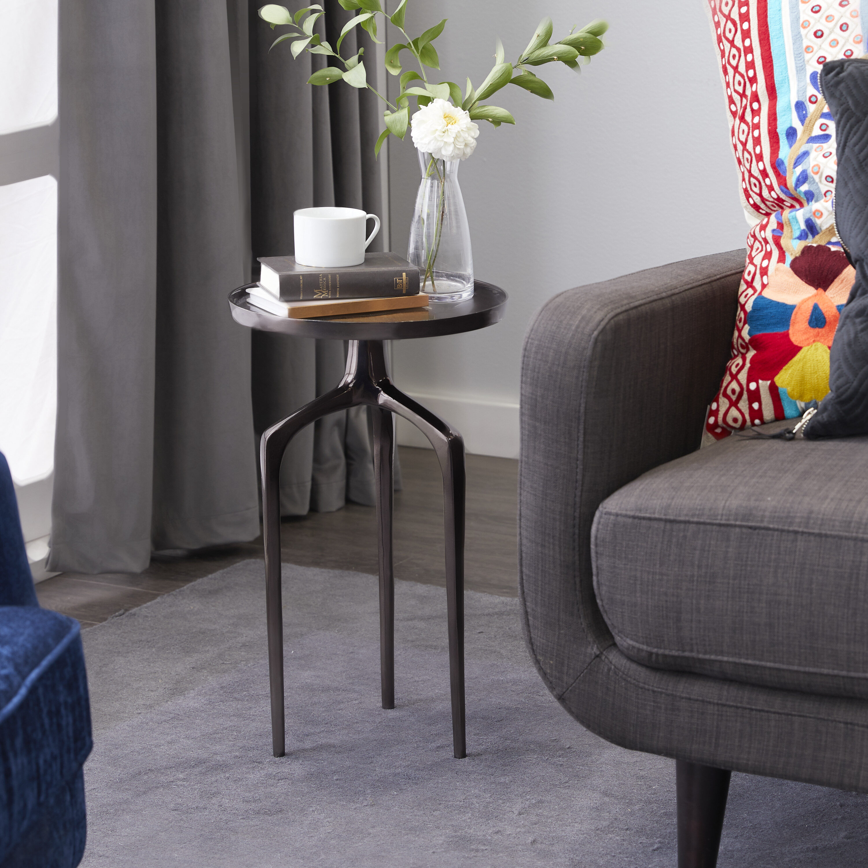 Grayson Lane 84041 13-in W x 22-in H Black Tray Inspired Top with 3 Tripod Legs Metal Round Modern End Table