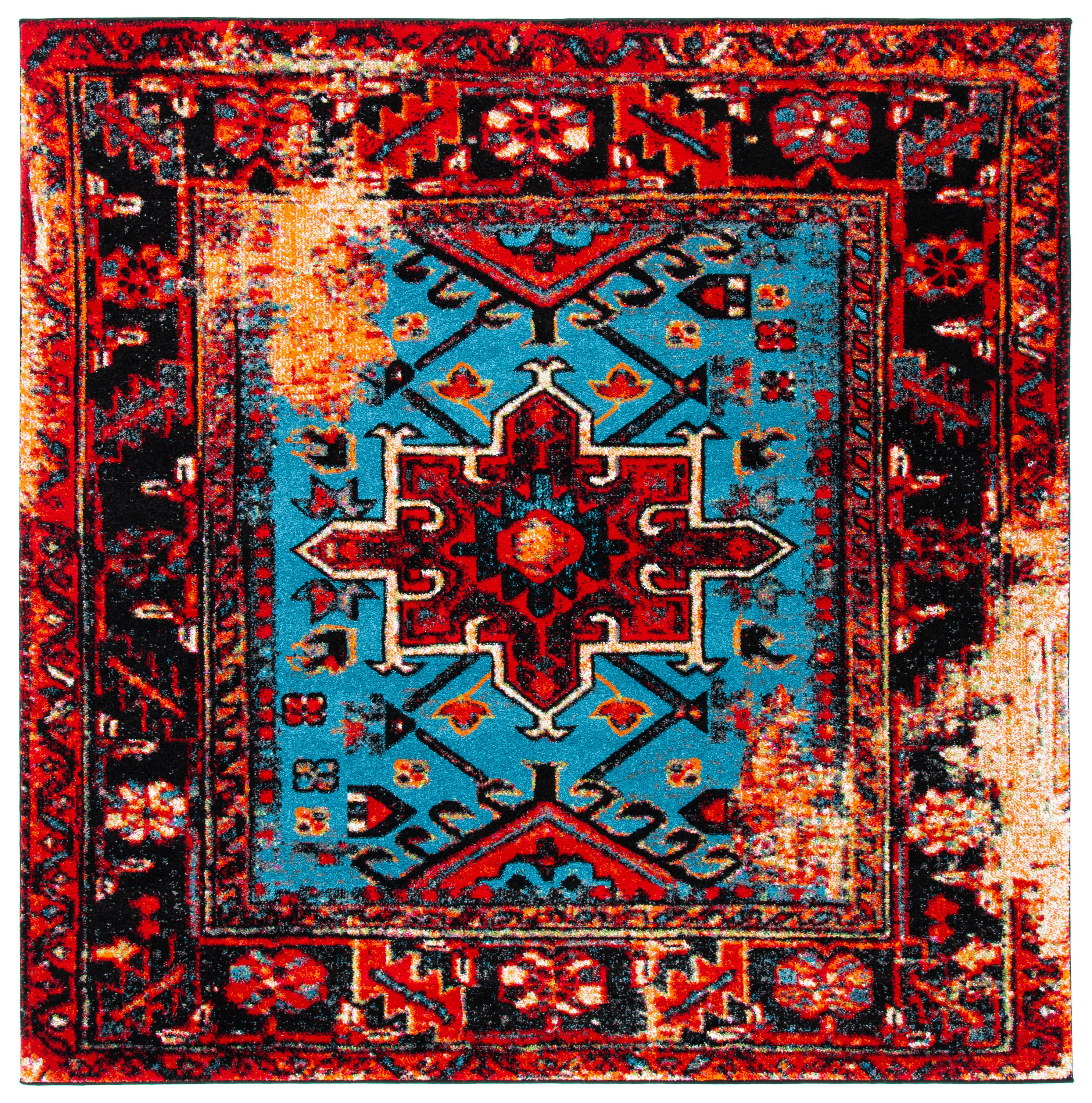 Safavieh VTH211Q-7SQ Vintage Hamadan Jaroslava 7 x 7 (ft) Loomed Polypropylene Red/Light Blue Square Indoor Geometric Bohemian/Eclectic Area rug