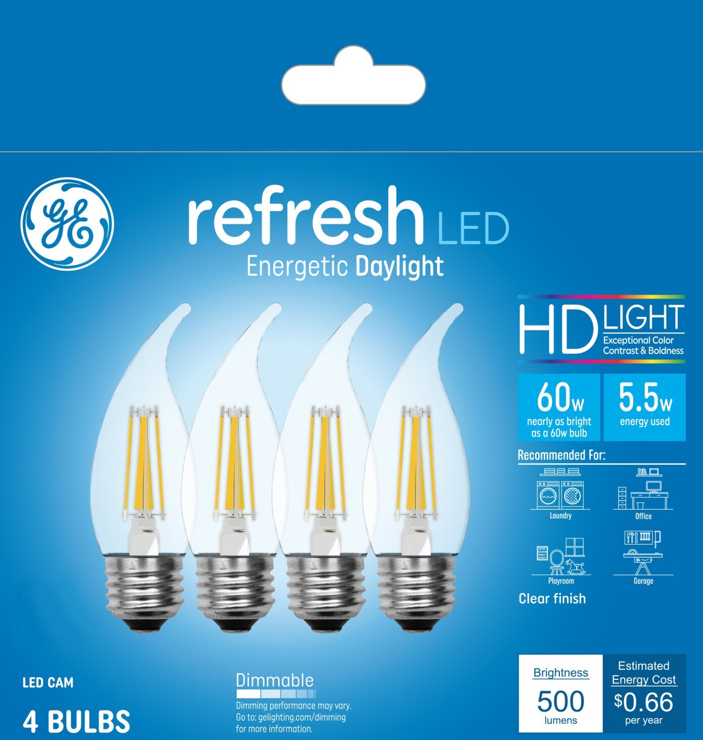 GE 43256 60 -Watt EQ CAM Daylight Medium base (E-26) Dimmable LED Decorative Light Bulb 4 -Pack