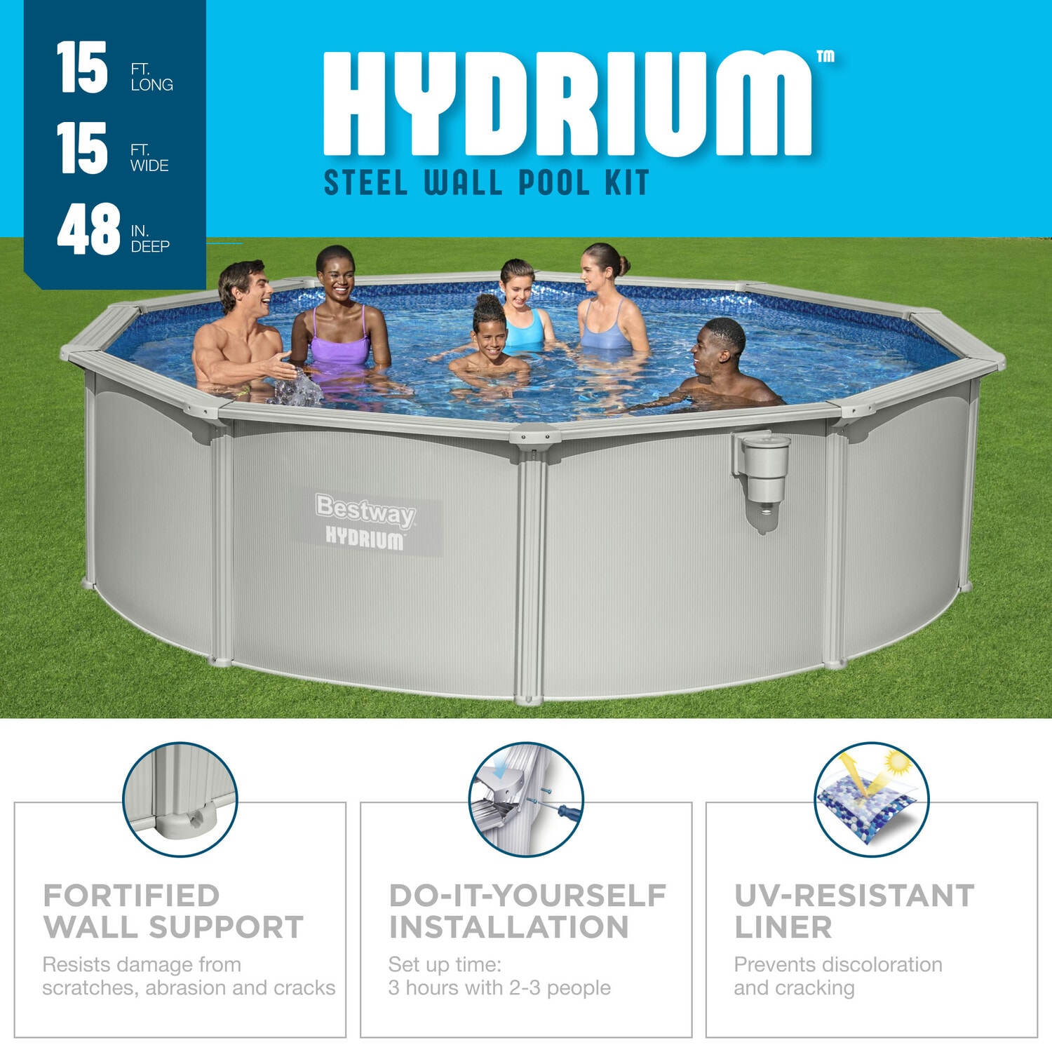 Bestway 15ft x 15ft x 48in Steel Wall Panels Round AboveGround Pool with Filter Pump,Ground