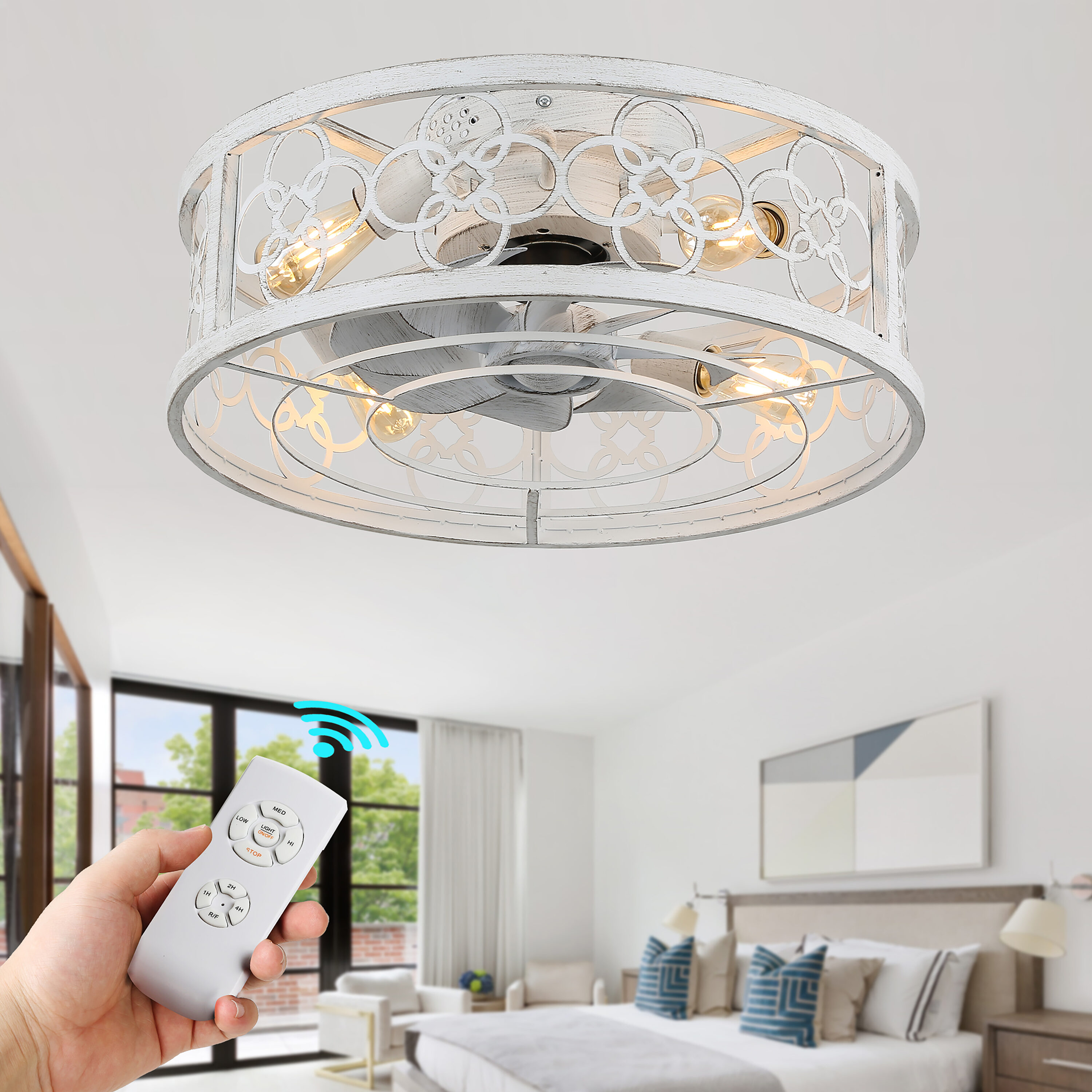 Oaks Decor Pavia 20-in White Color-changing Indoor Flush Mount Ceiling Fan  with Light and Remote (7-Blade) in the Ceiling Fans department at