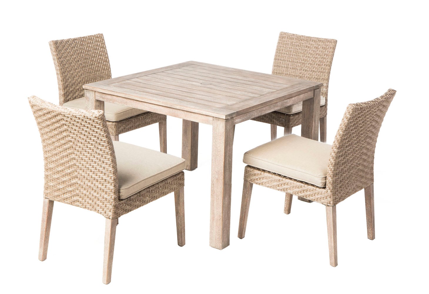 Alfresco Home 46-3009 5 -Piece Beige Woven Patio Dining Set Wood Square Table with 4 Beige Cushions Stackable Stationary Chairs