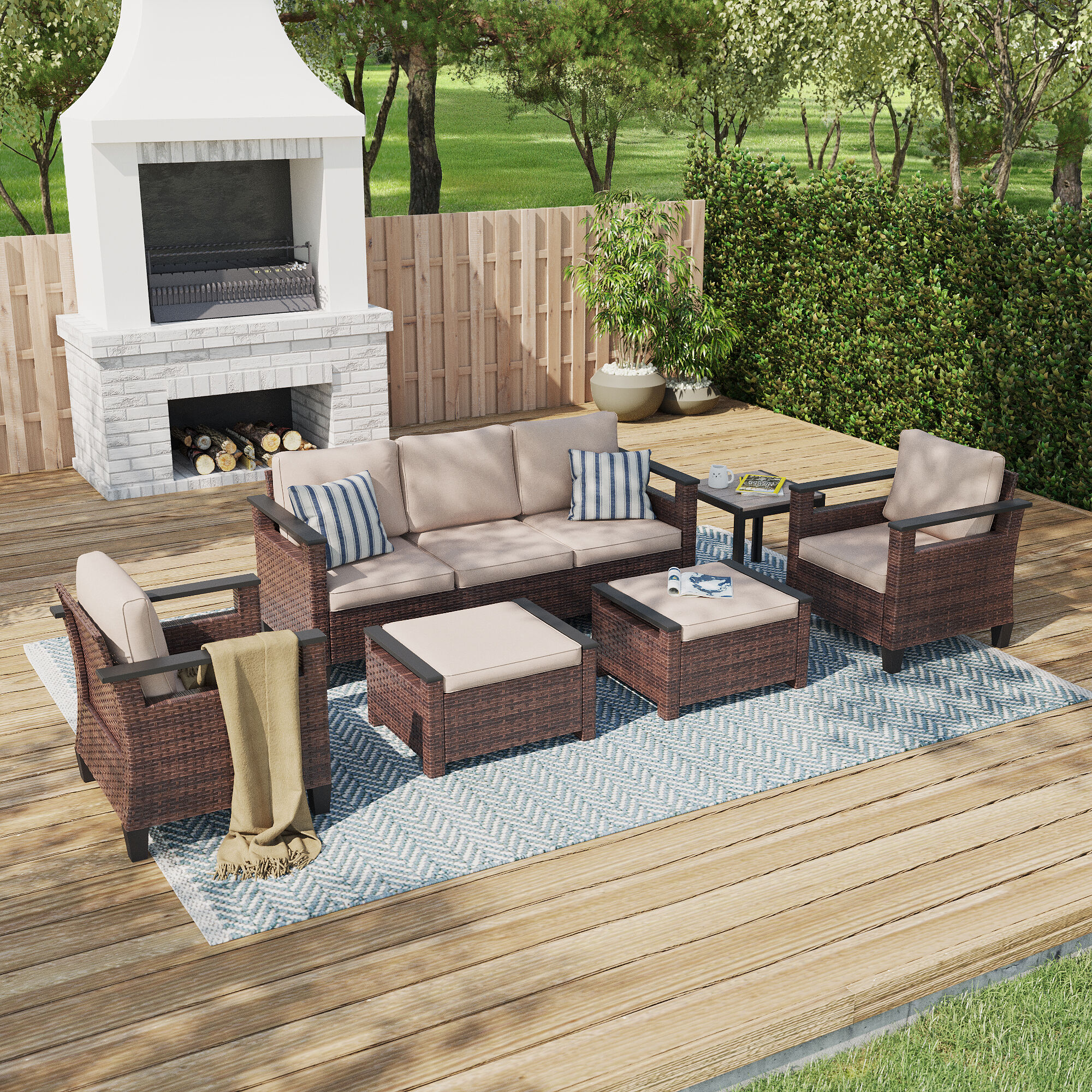 ACEGOSES LW-126BSD-T7 Skytop 6 -Piece Wicker Patio Sofa Conversation Set with Beige Cushions