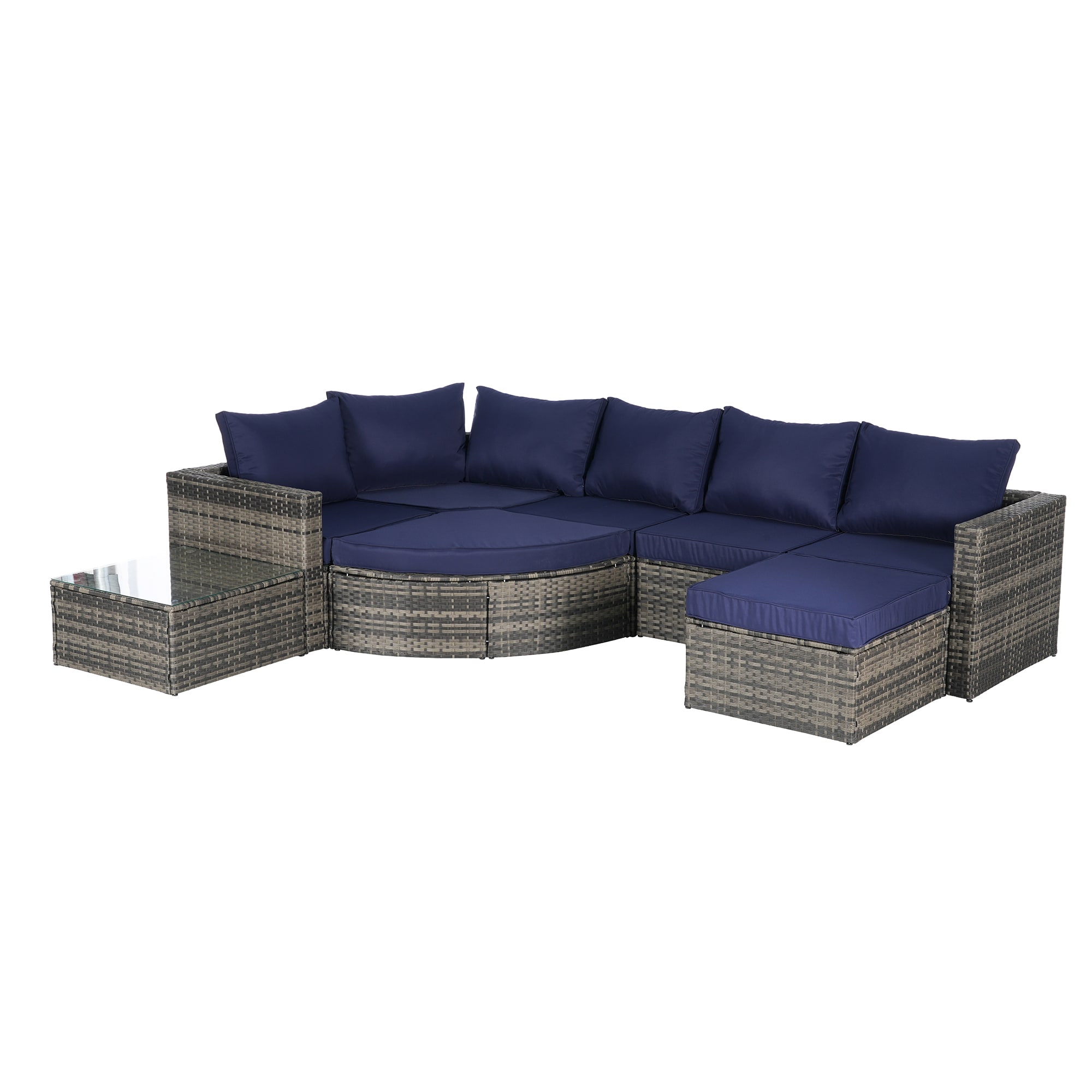 SINOFURN SYA010485BG Wicker Outdoor Sectional with Blue Cushions and Wicker Frame
