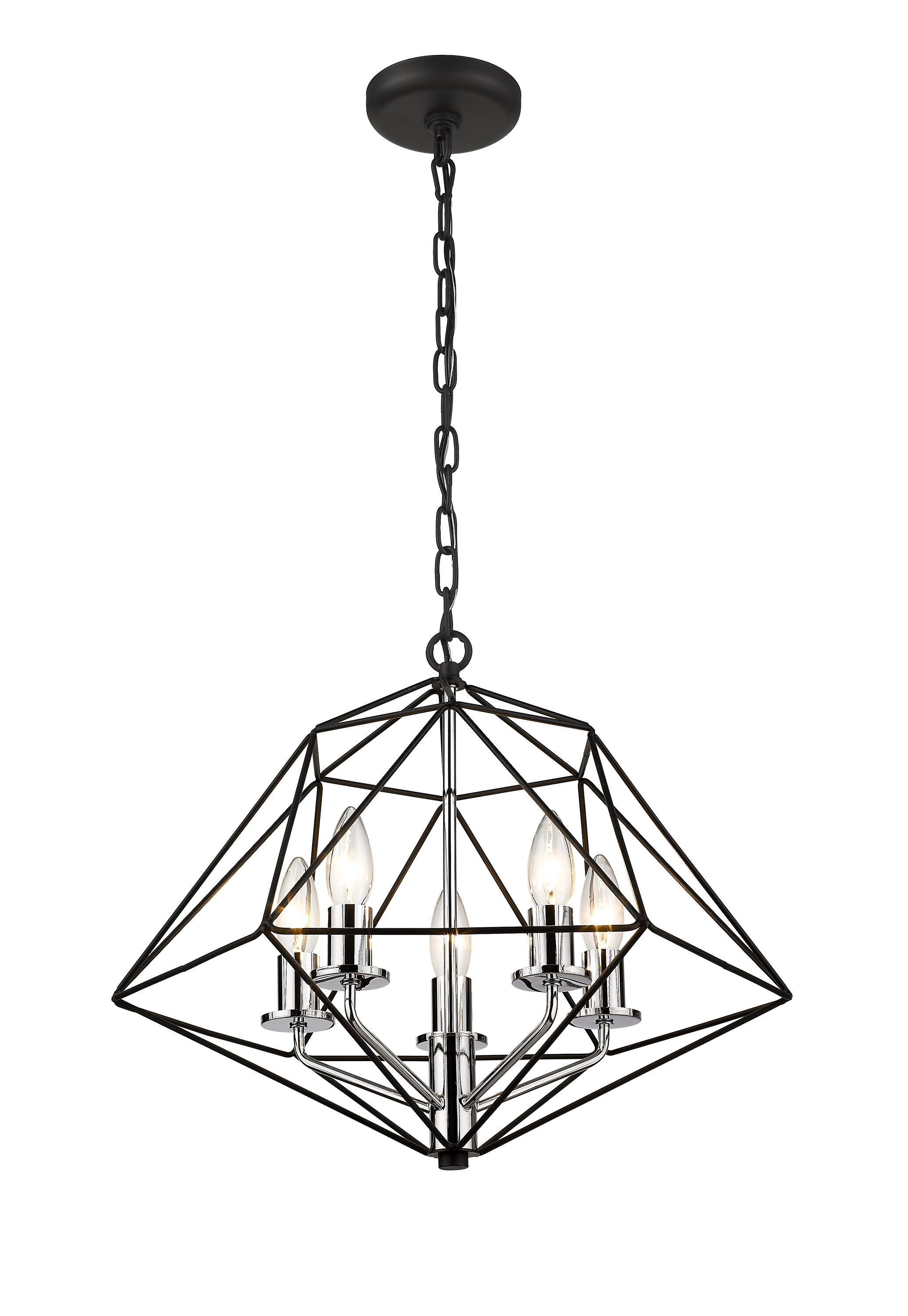 Matte Black and Chrome Geometric Cage Chandelier