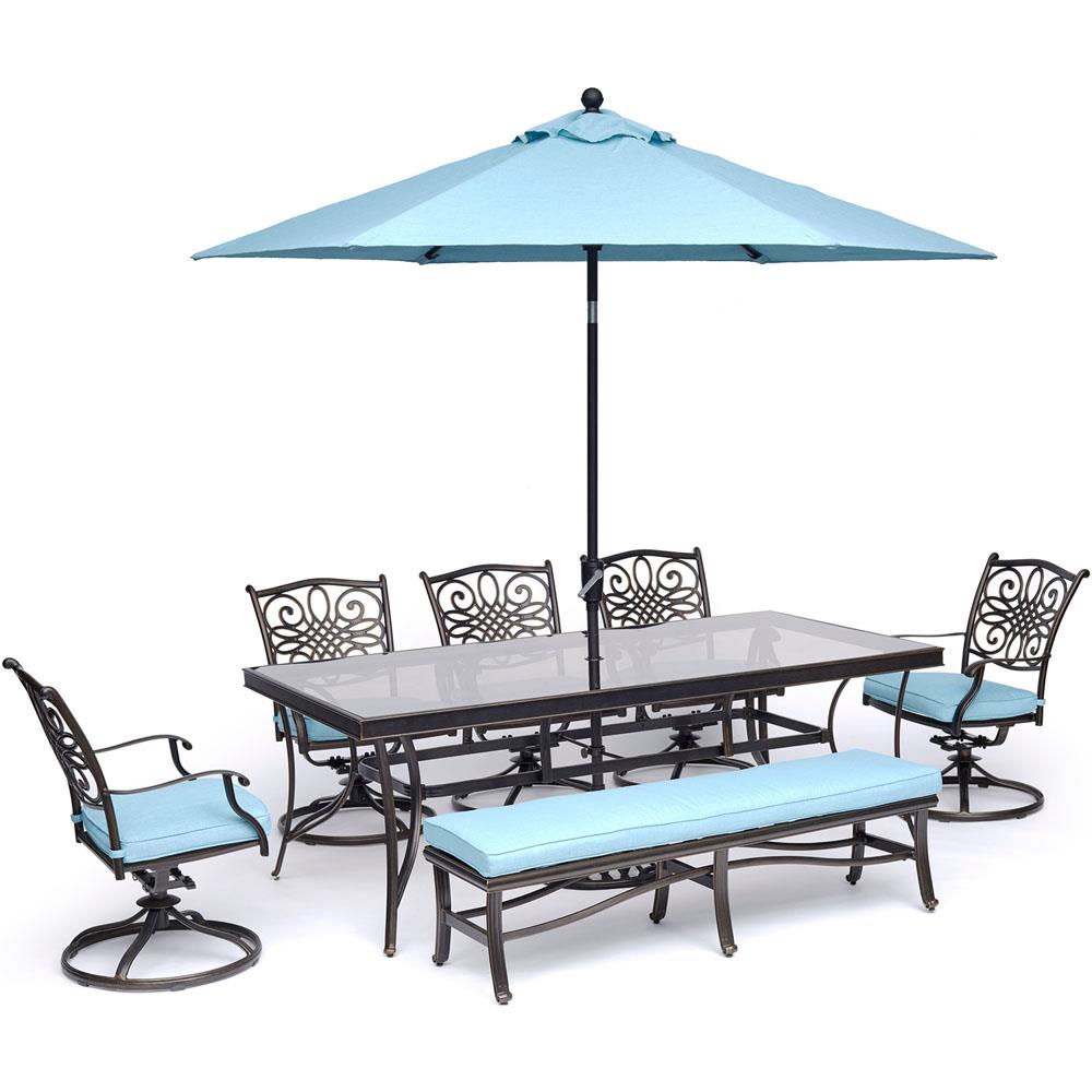 Hanover TRADDN7PCSW5GBN-SU-B Traditions 7-Piece Bronze Patio Dining Set with Blue Cushions