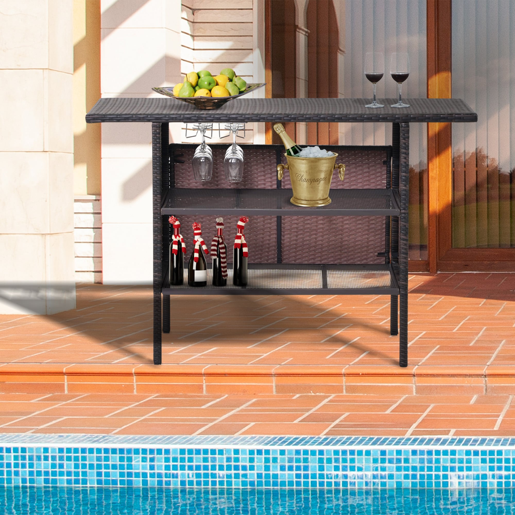 FOREST HOME DS-TB001 Steel Frame Resin Wicker Home Patio Kitchen Cart
