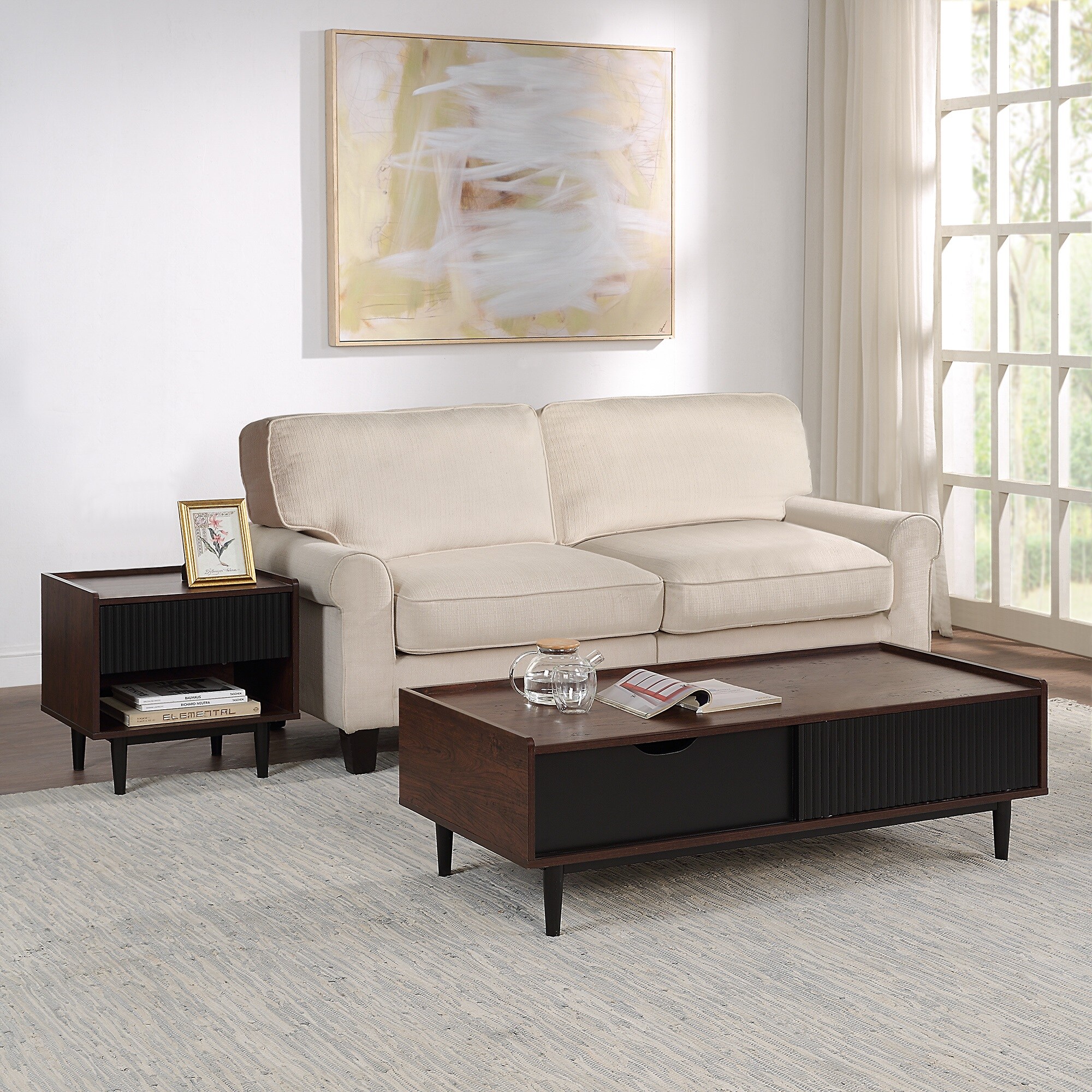 Manhattan Comfort 2-NC-12GLF-BK Dark Brown and Black Midcentury Coffee Table with Storage