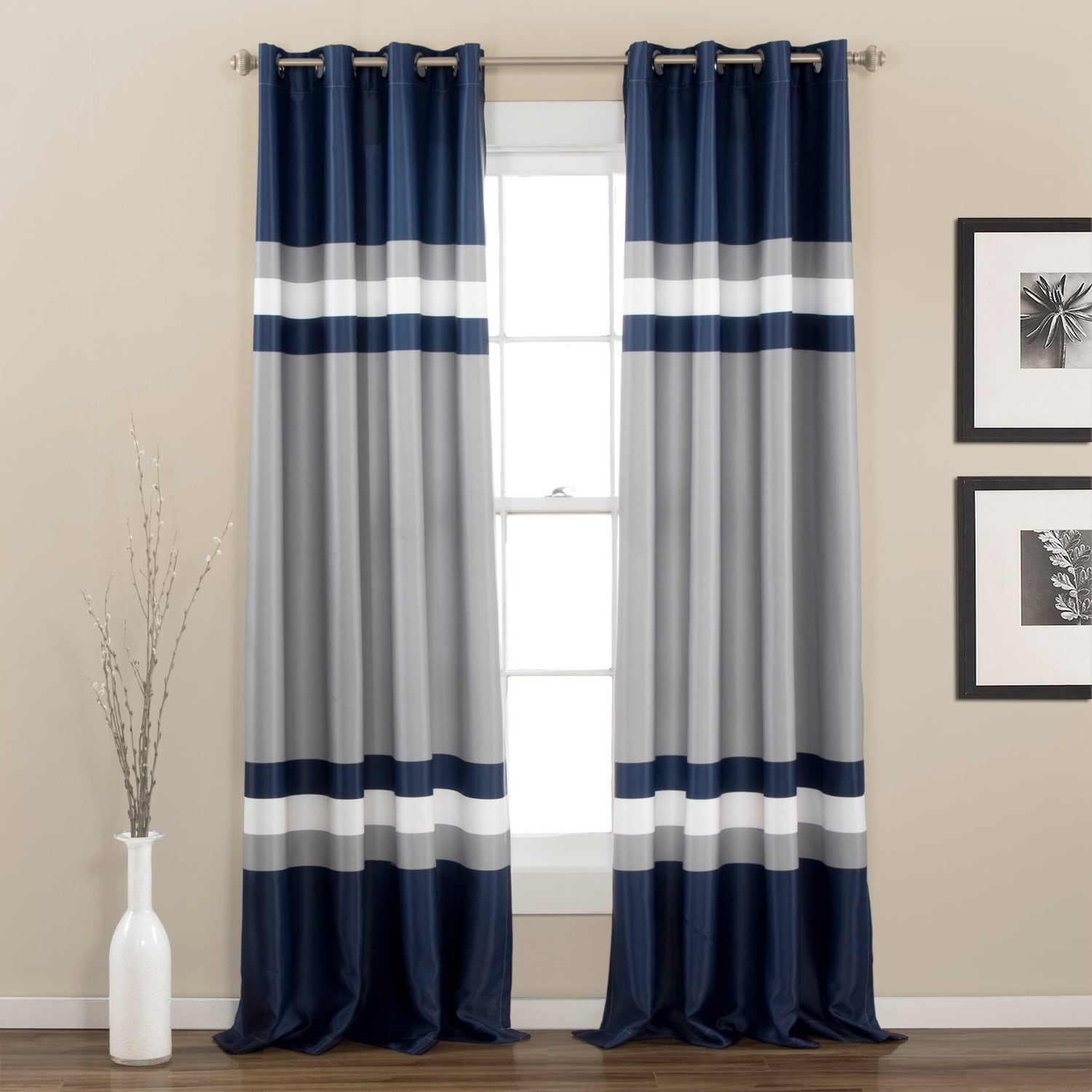 Lush Decor C36136P15-000 84-Inches Navy Striped Light filtering Grommet Curtain panel pair