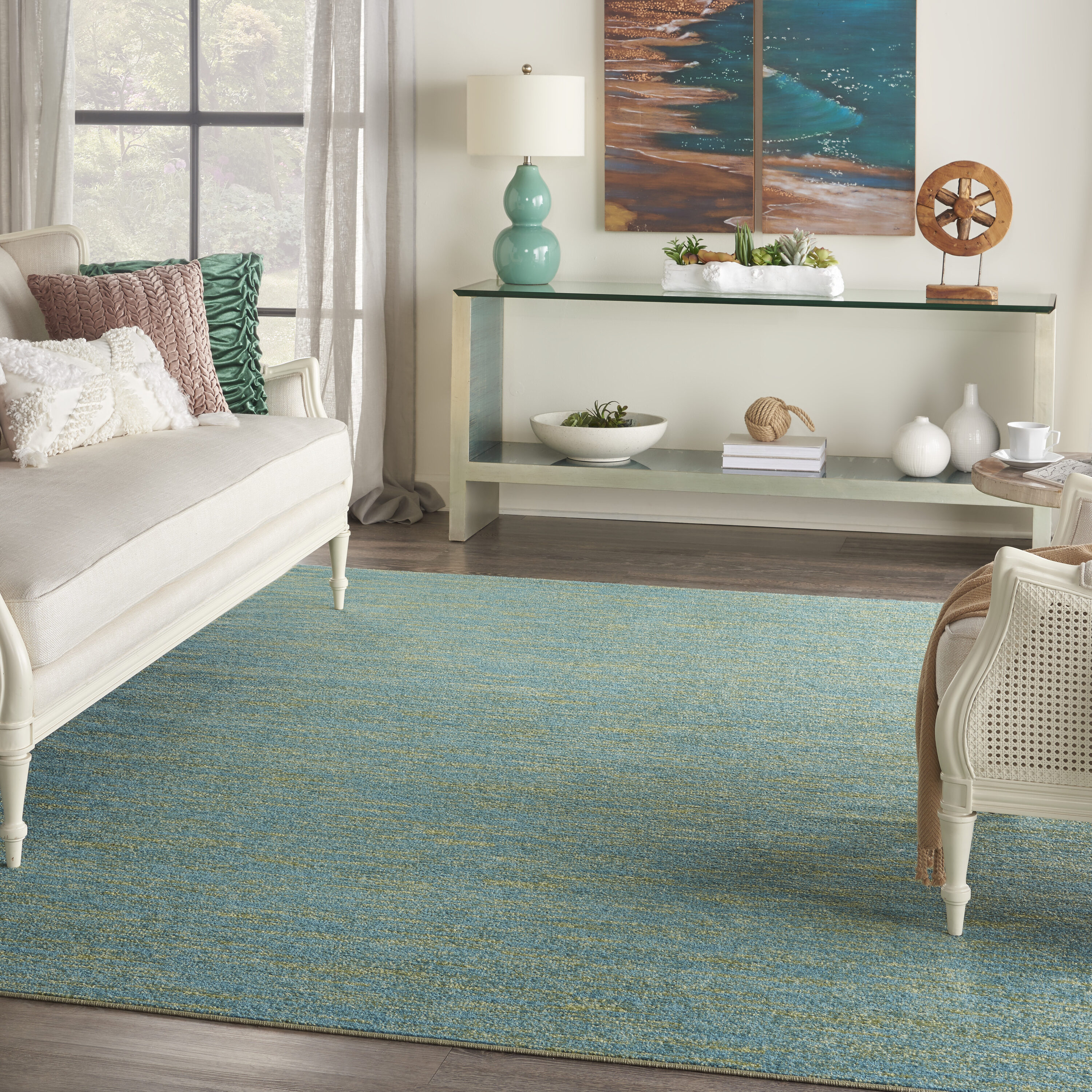 Nourison 99446823090  Essentials 8 x 10 (ft) Loomed Polypropylene Blue Green Rectangular Indoor/Outdoor Solid Area rug