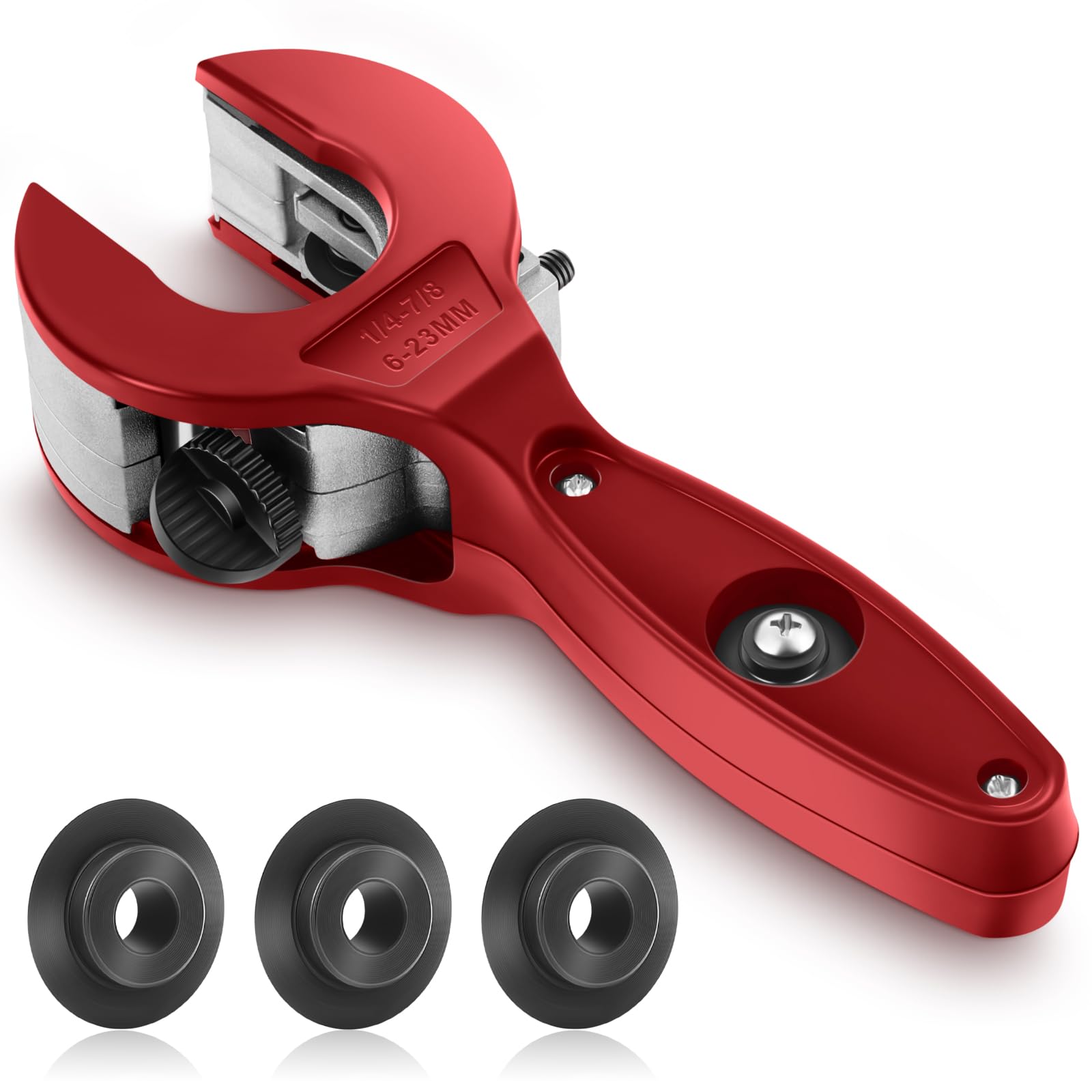 Lukvuzo  Ratcheting Tubing Cutter for One Handed Use Cuts Pipes from 1/4 in to 7/8 in with 3 Replacement Blades for PVC PPR Plastic Copper and