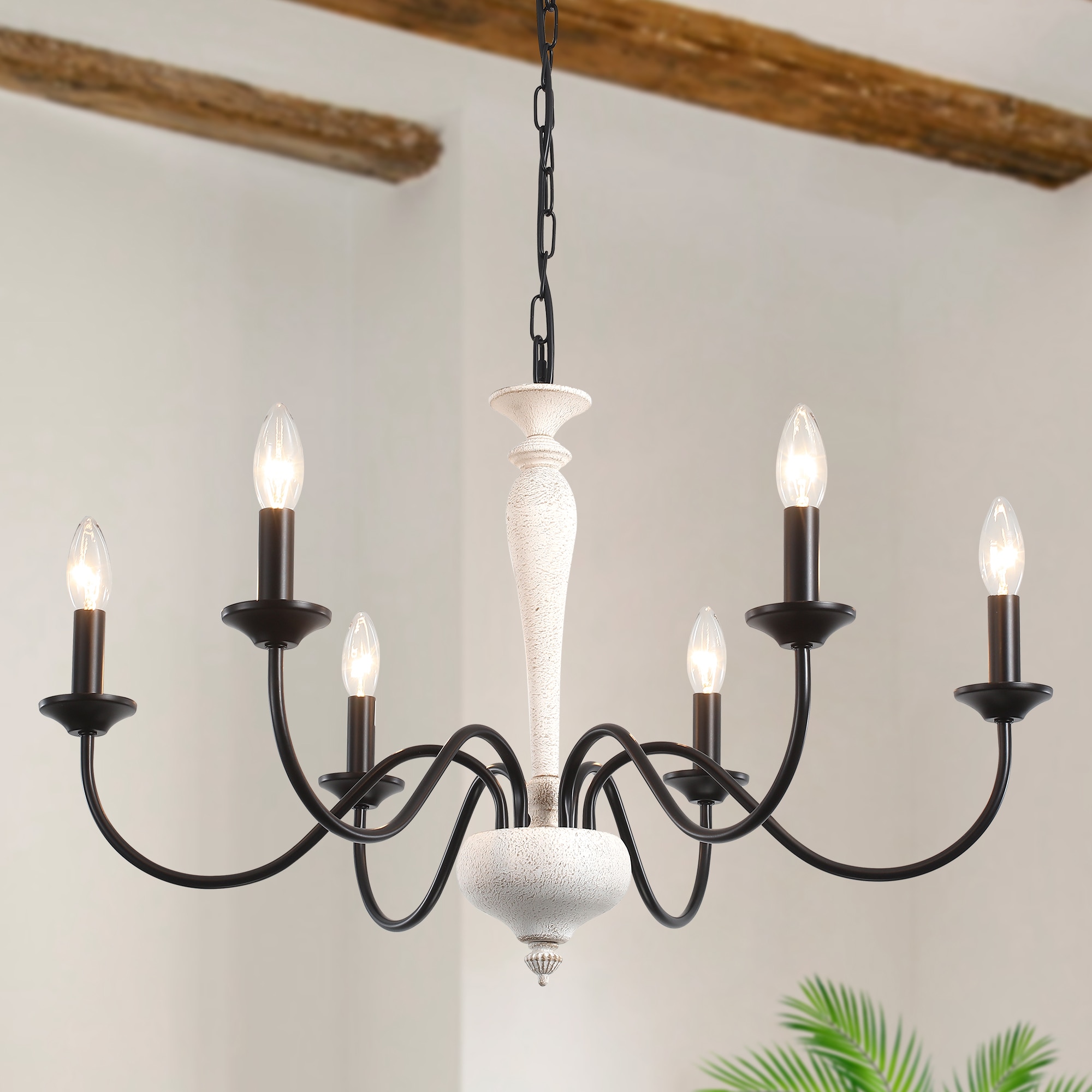 Zjvaive 6-Light 27.95inch White and Black Classic Metal Farmhouse Distressed Bare Bulb Chandelier for Multiple Spaces
