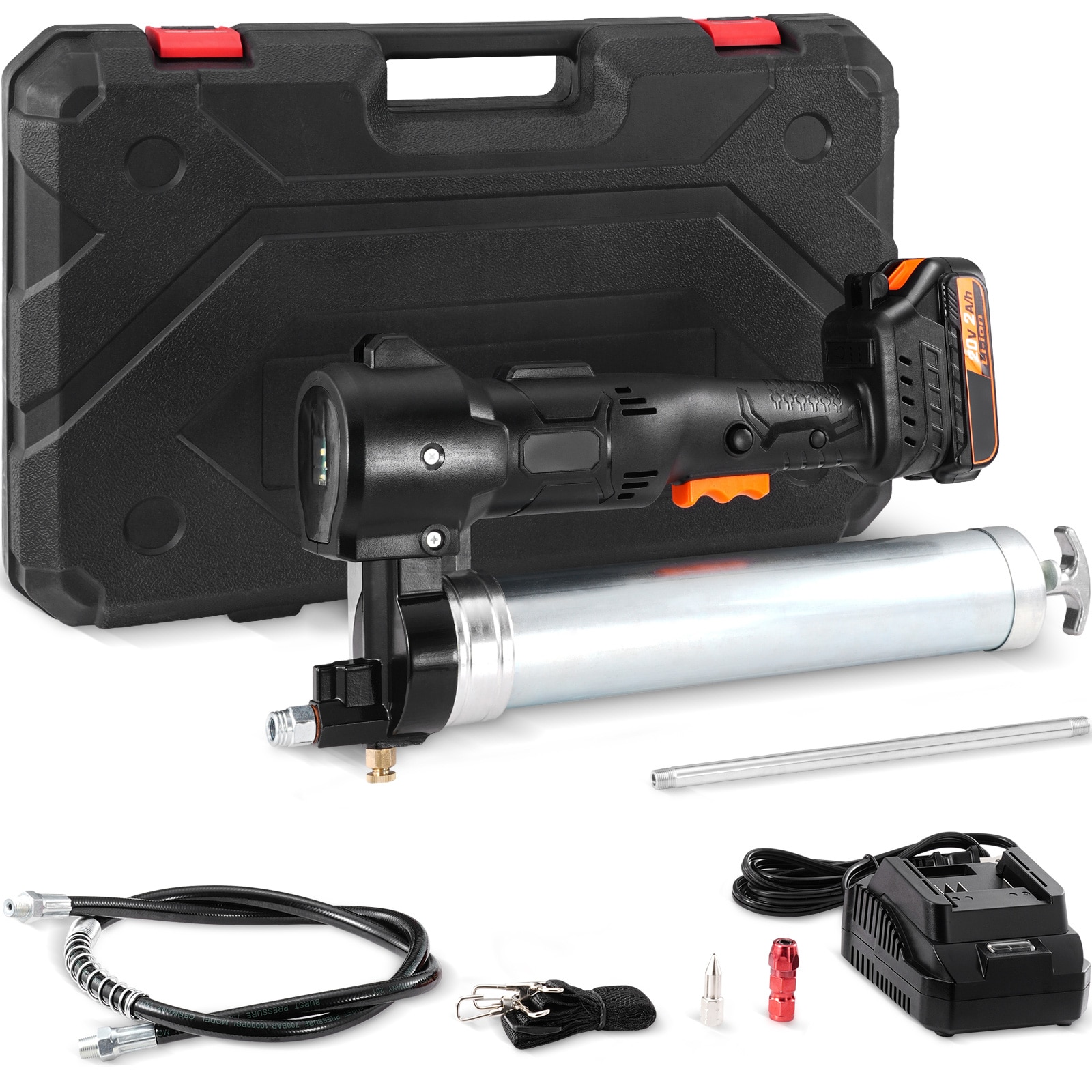 VEVOR SCWSHYQZJDC200920V1 Cordless Grease Gun  20-Volt  10 000 PSI  39in Long Hose  Electric Grease Gun Kit Professional High Pressure Battery Powered Grease Gun with Carrying Case  Battery and Charger Included  Black