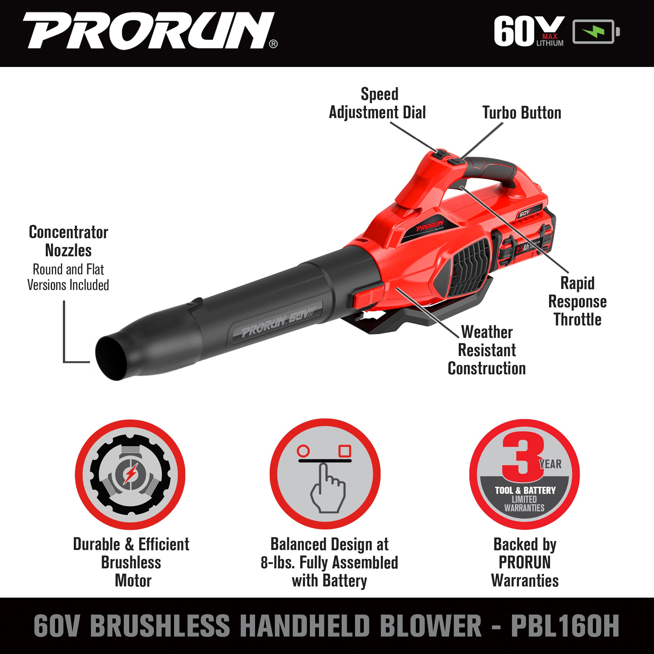 PRORUN PBL160H 60-volt Max 680-CFM 190-MPH Battery Handheld Leaf Blower 2.5  Ah (Battery and Charger Included) in the Leaf Blowers department at