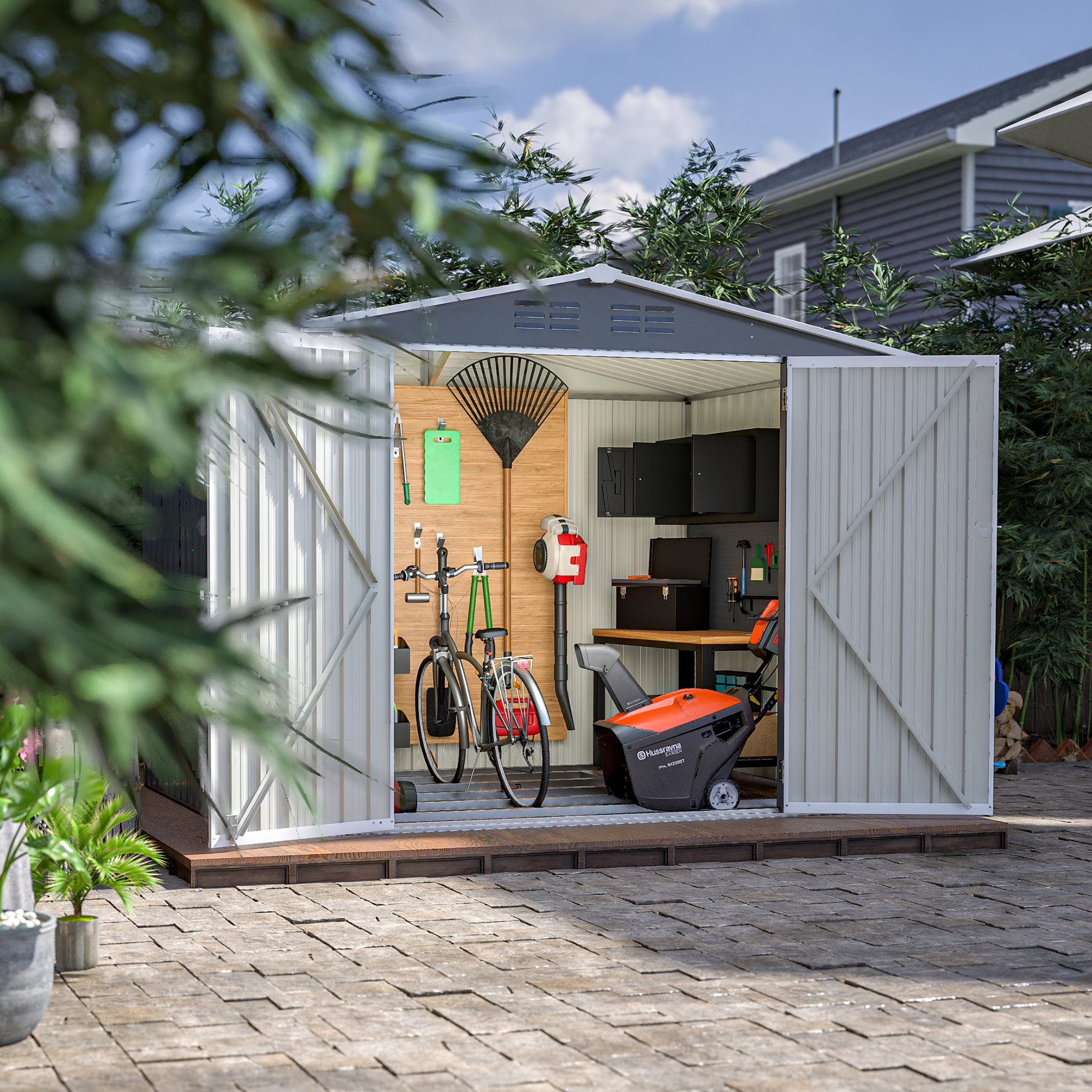 Maloa Metal Tool Storage Shed with Floor Frame and Lockable Hinged Doors with Air Vents-8X6 FT-Grey