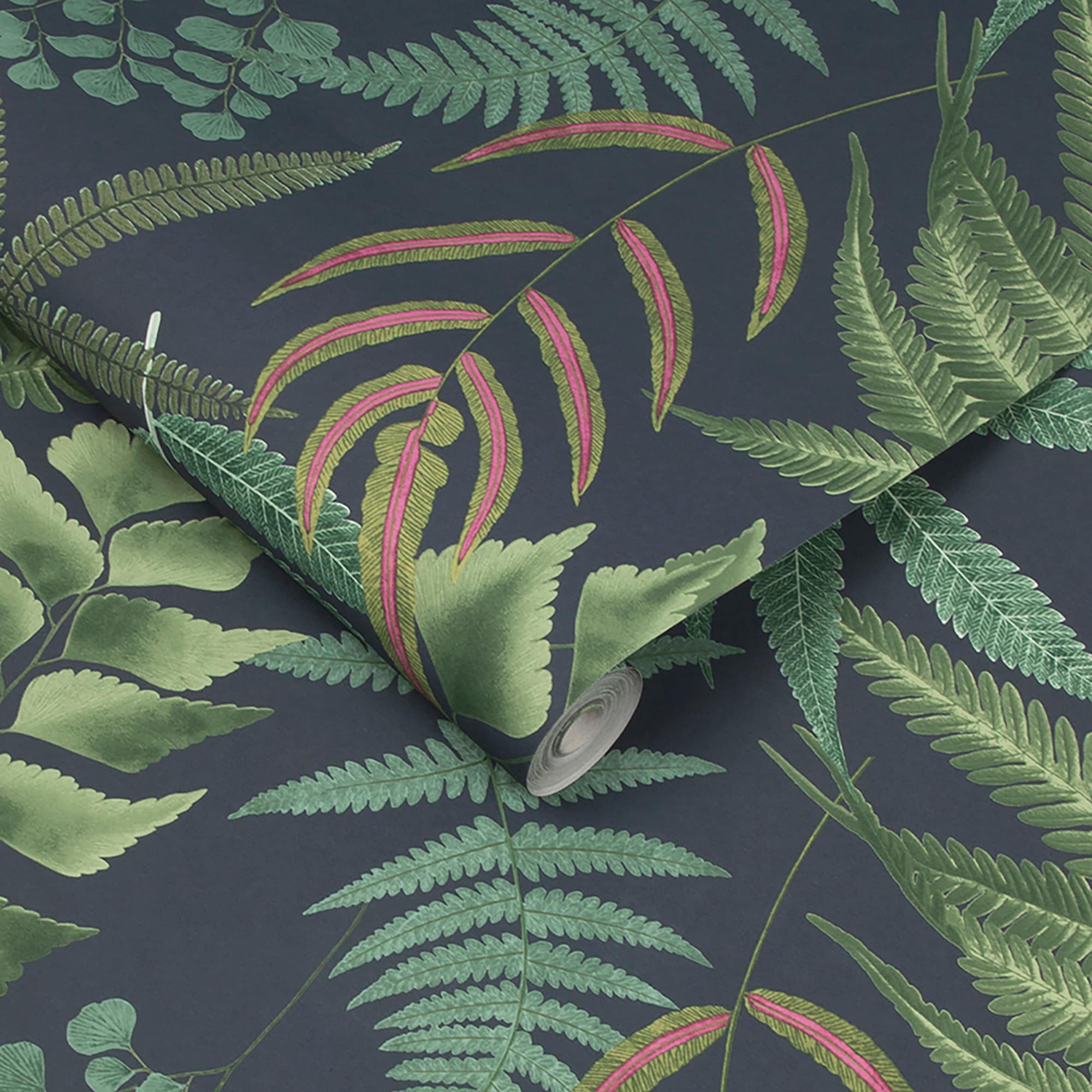 Midsummer Fern Navy Blue and Green Botanical Wallpaper