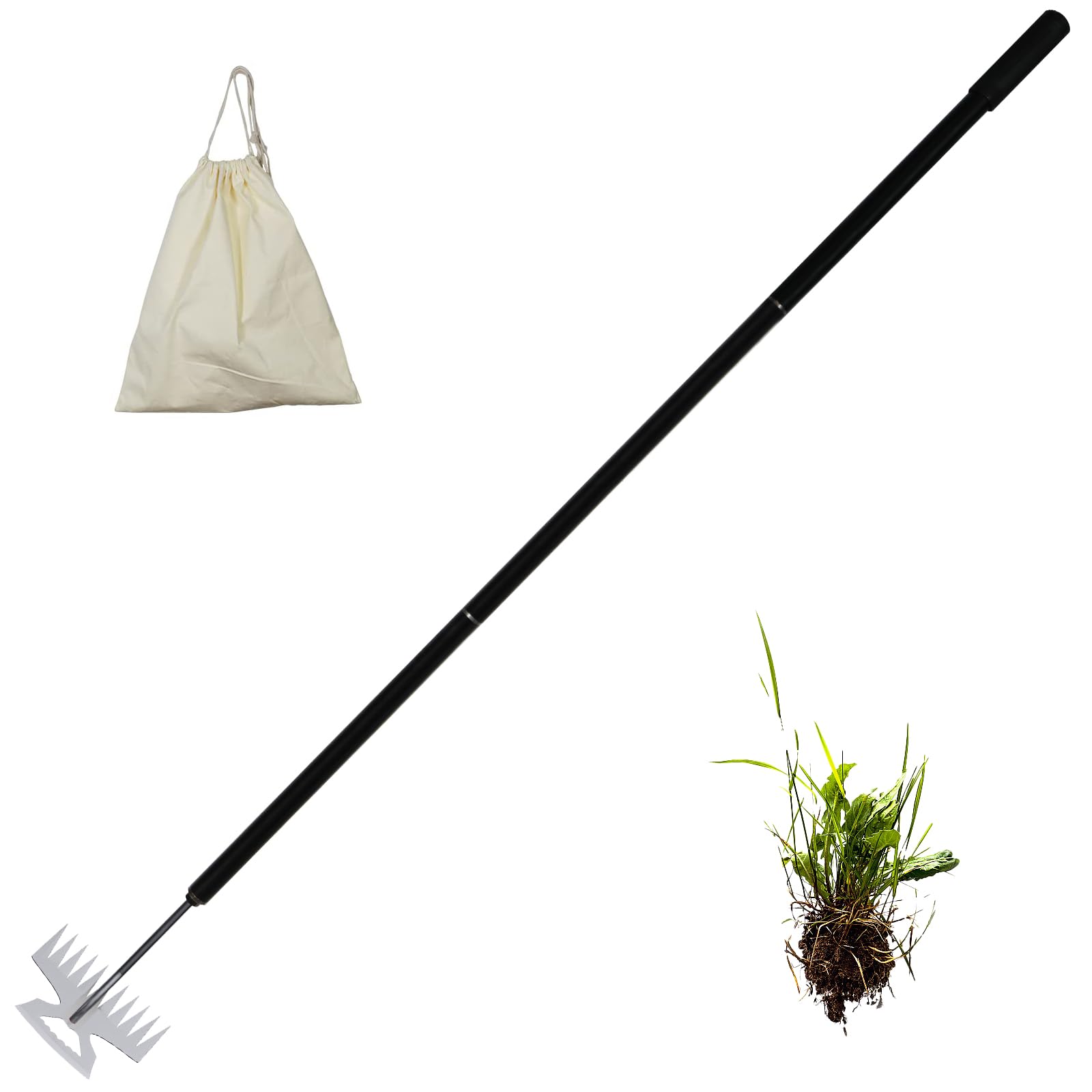 Misopily -  2 in 1 Weed Puller Rake Hand Weeder Tool with Adjustable Long Handle 11 Teeth Mangane...