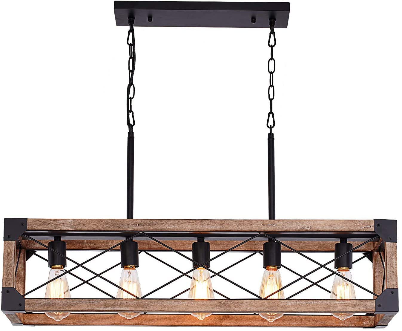 Vrbgify  Kitchen Island Lighting 5 Light Farmhouse Linear Chandelier Rustic Wood Grain Finish Adjustable Height for Dining Room and Pool Table