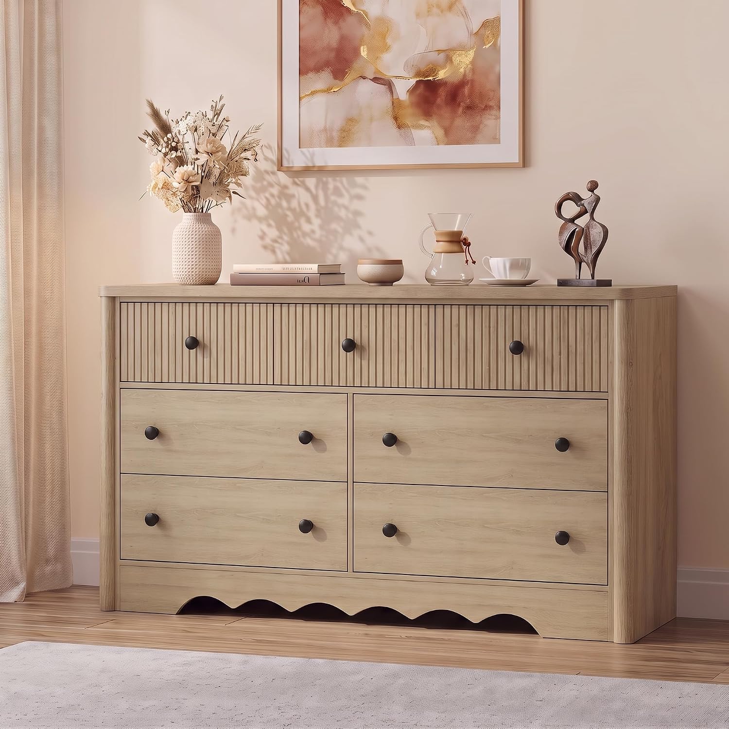 IdealHouse 7 Drawer Fluted Dresser Wide Wood Chest with Wood Grain ...