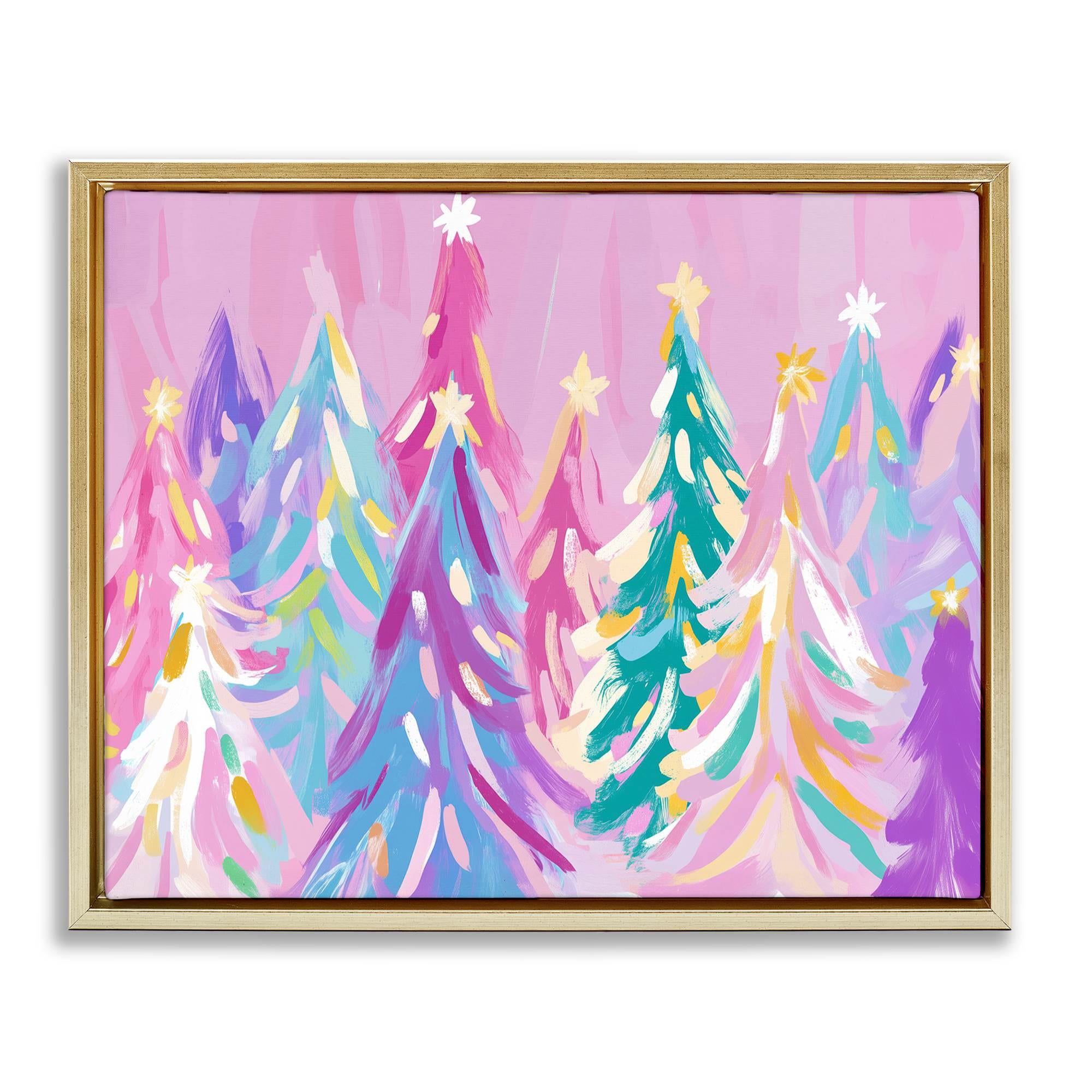Stupell Industries BT-921-FFG-24X30 Pastel Christmas Trees Abstraction Gold Framed Floater Canvas Wall Art By Arlington Prints 31 x 25