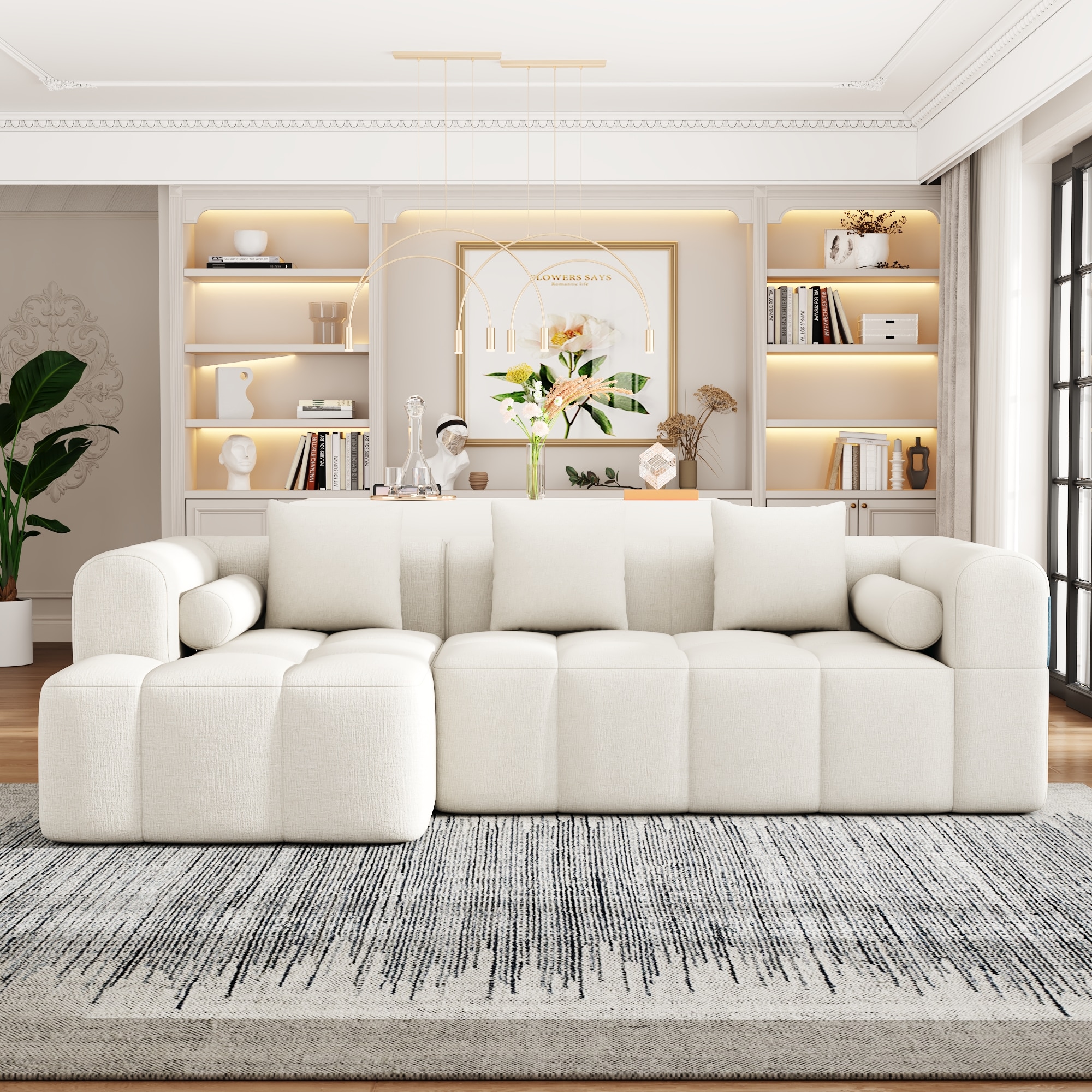 LOVMOR SF-M-N719S001890A 101.2inch Sectional Sofa Full Compressed Sofa Modular Sofa Couch Free combined Sofa with Deep Seating and Two Side Pockets Beige