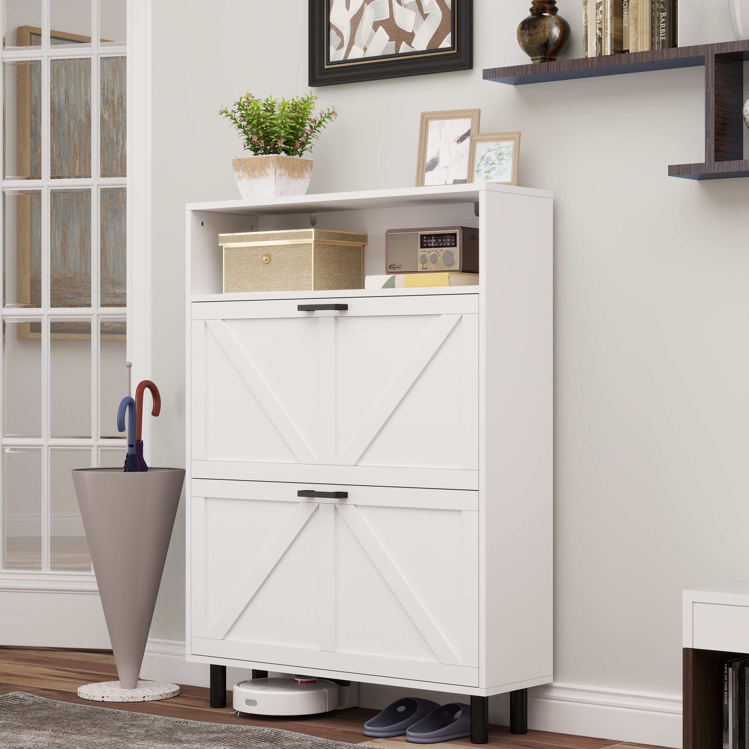 Lycvki SC-34 44.7-in H 3 Tier 12 pair Antique White MDF Shoe cabinet
