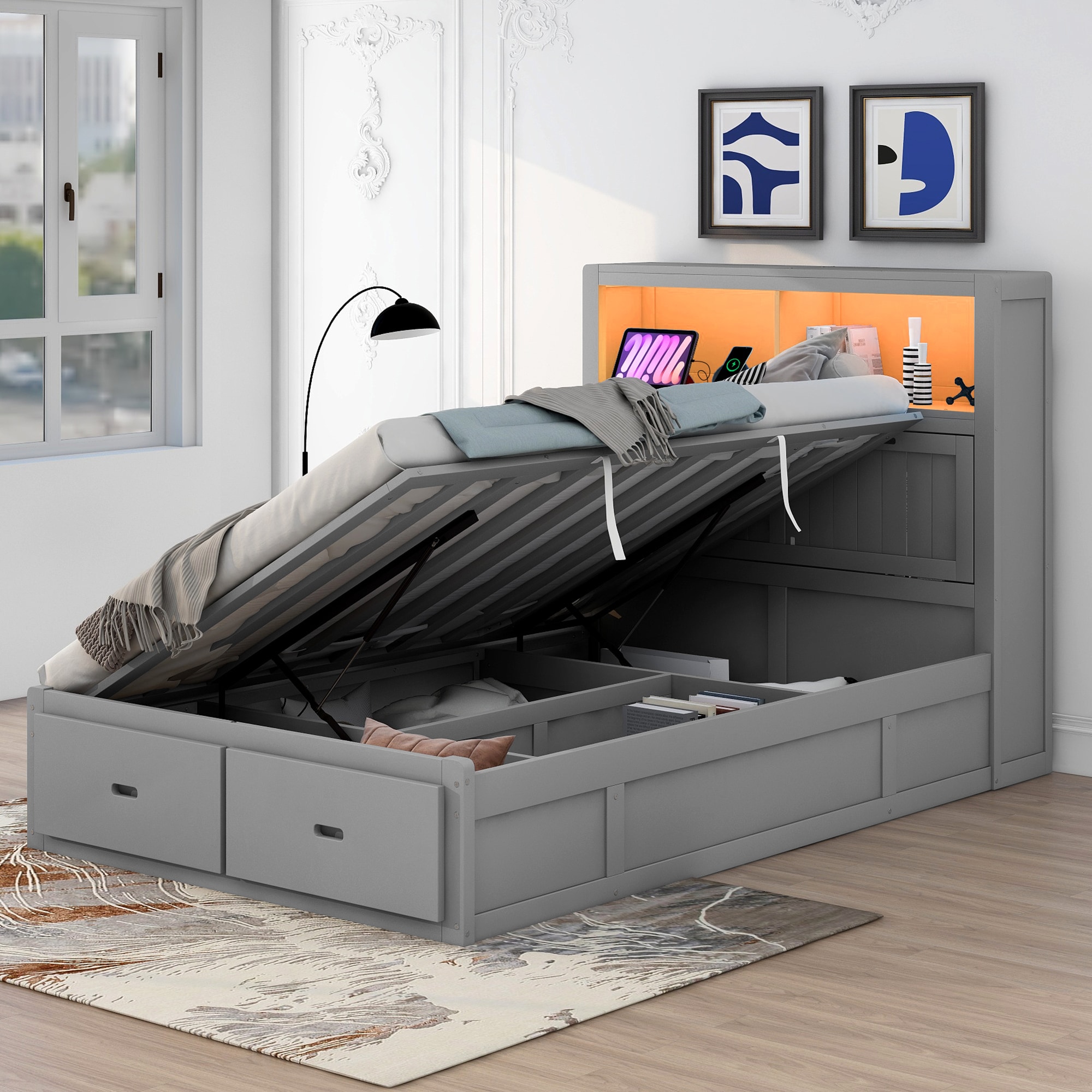 ModernLuxe GX000371AAE Wood Full Size Hydraulic Platform Bed with Storage LED Headboard Charging Station and 2 Drawers Gray