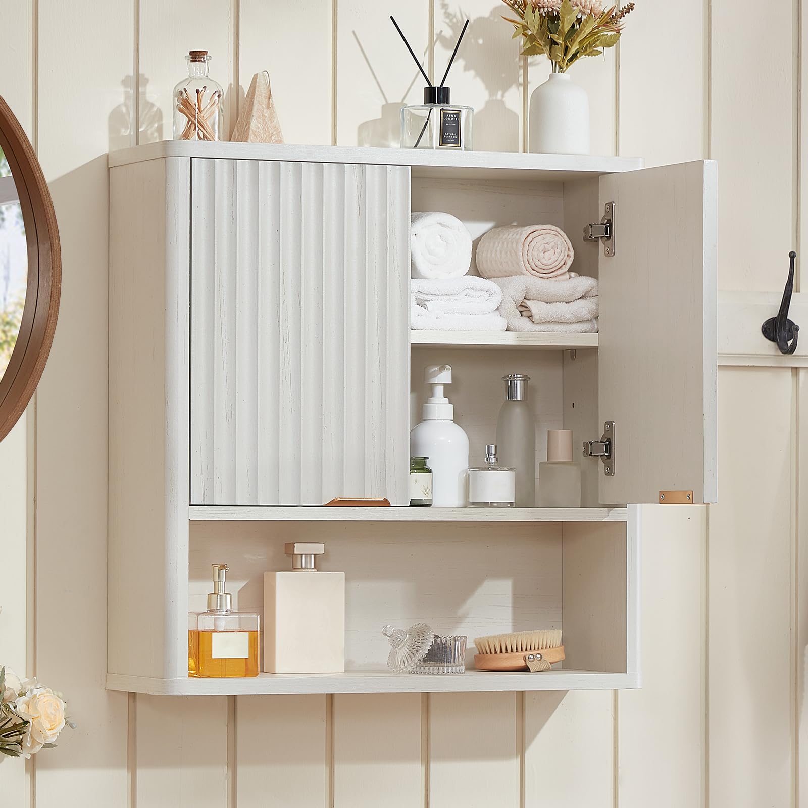 Lovav Fluted Bathroom Wall Cabinet Wall Mounted Adjustable Shelves Doors White