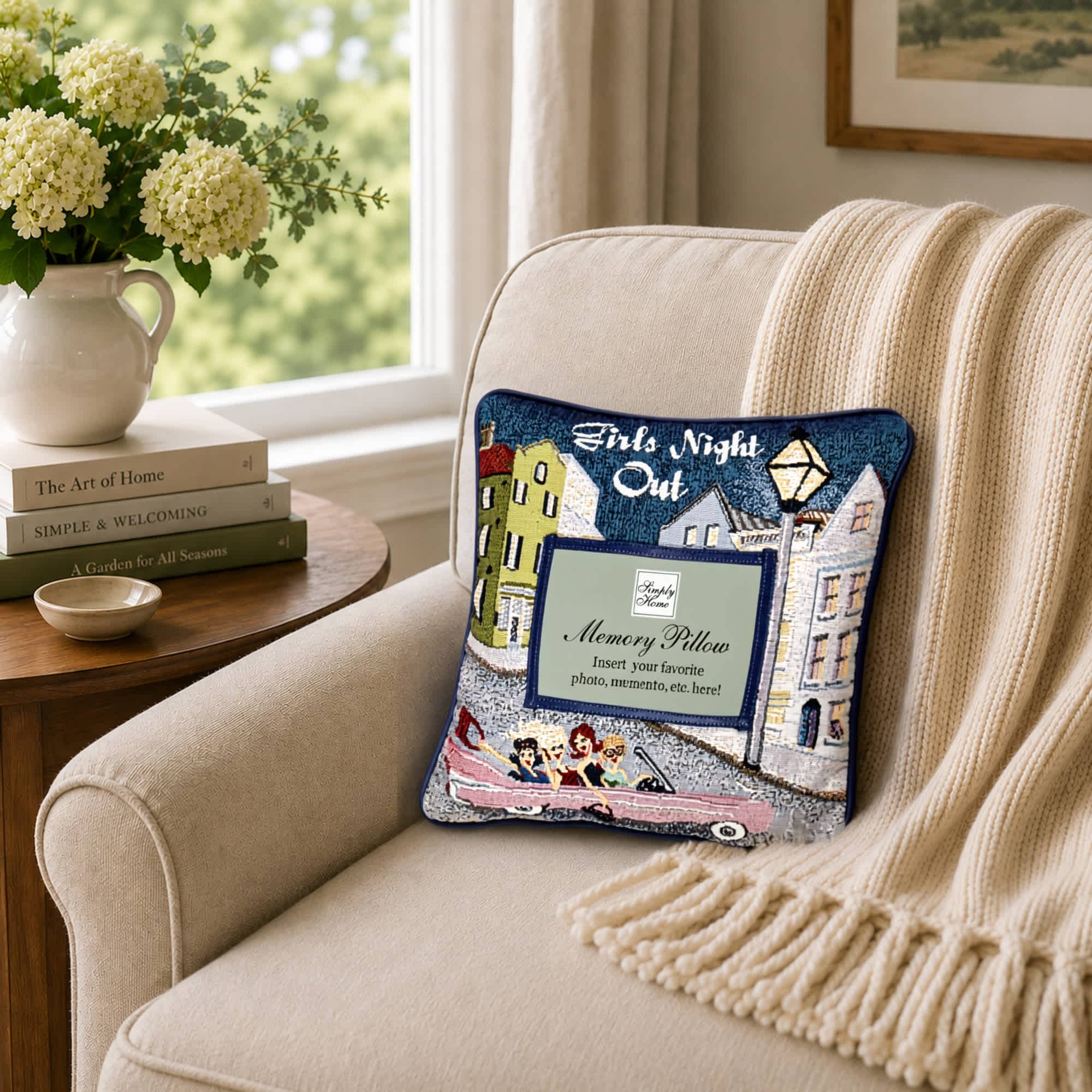 Simply Home 12 inch Blue and Pink 'Girls Night Out' Square Throw Pillow with Memory Photo Insert