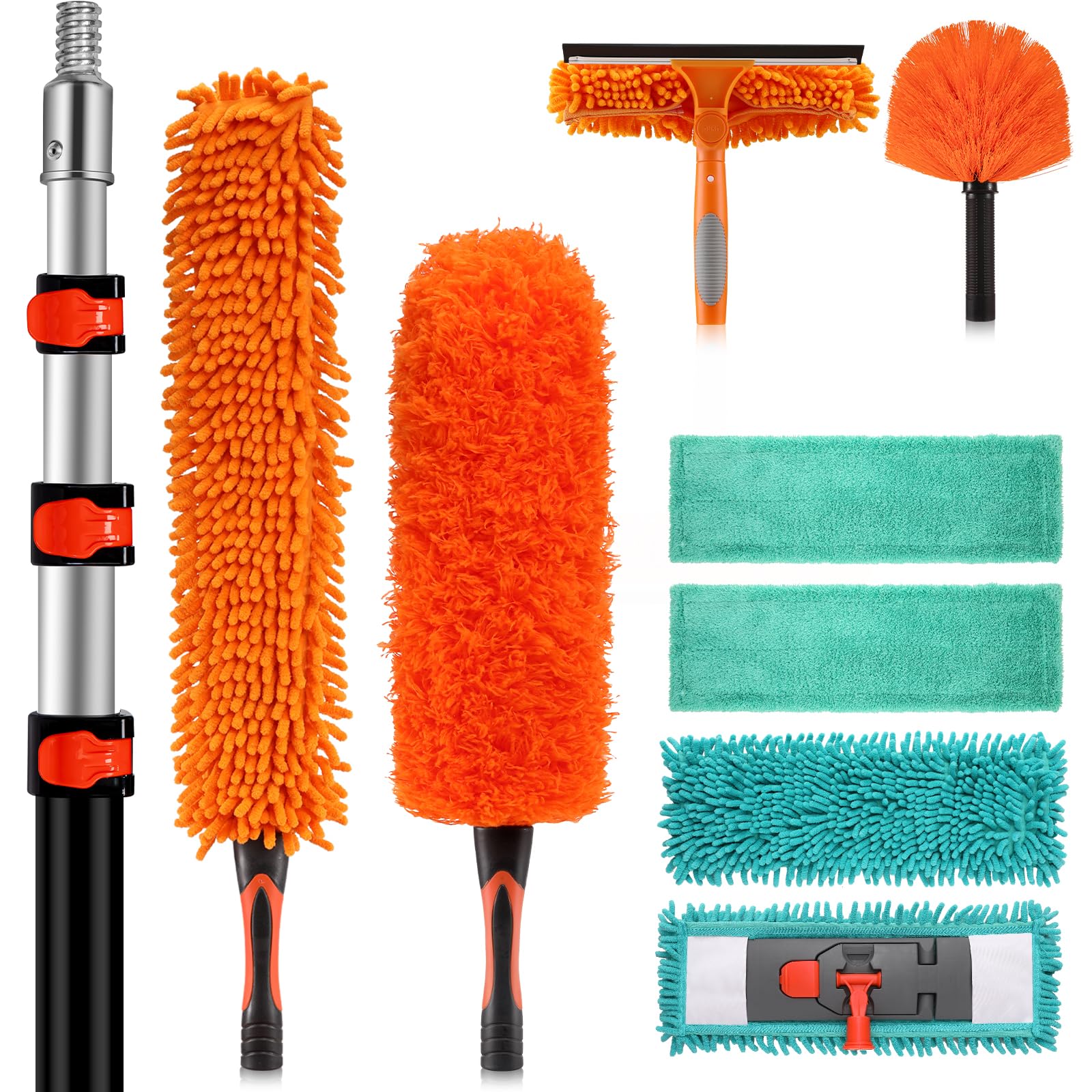 Oyezvary  20ft High Ceiling Duster Kit with 4 to 12ft Heavy Duty Extension Pole Cobweb Duster Ceiling Fan Duster Window Squeegee Microfiber Duster