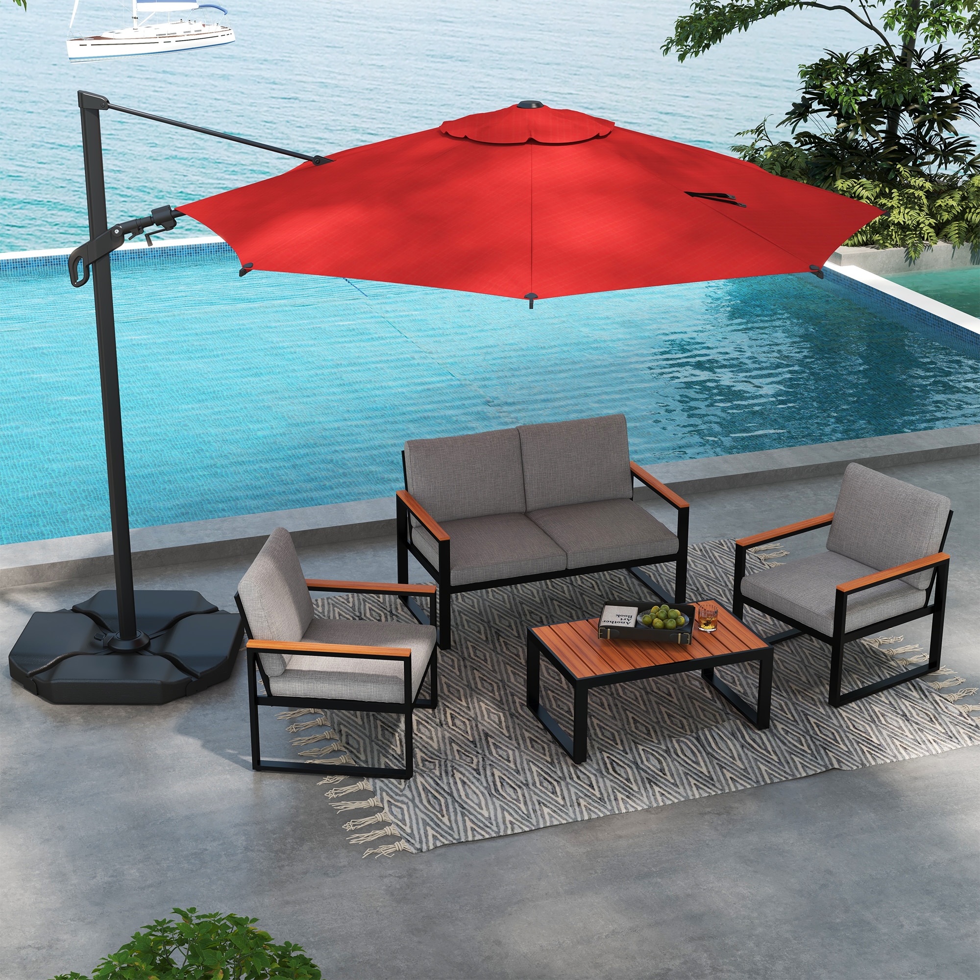 Red 10ft Steel Cantilever Patio Umbrella with Double-Top Canopy
