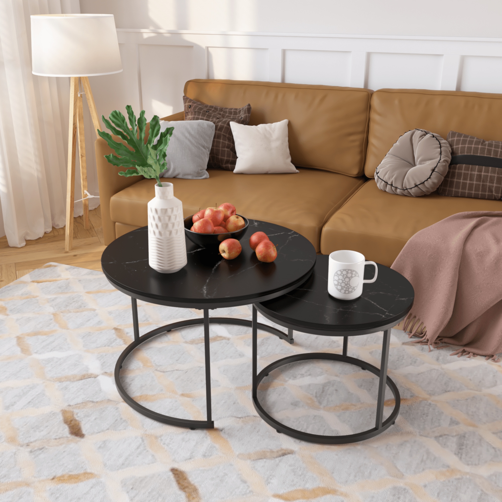 Vynxaria LESX0019-DJBZ-ET0016 Set of 2 Nesting Coffee Tables276in Round Tables with Wood Marble Pattern Top and Sturdy Metal FrameEnd Tables for Living Room Black