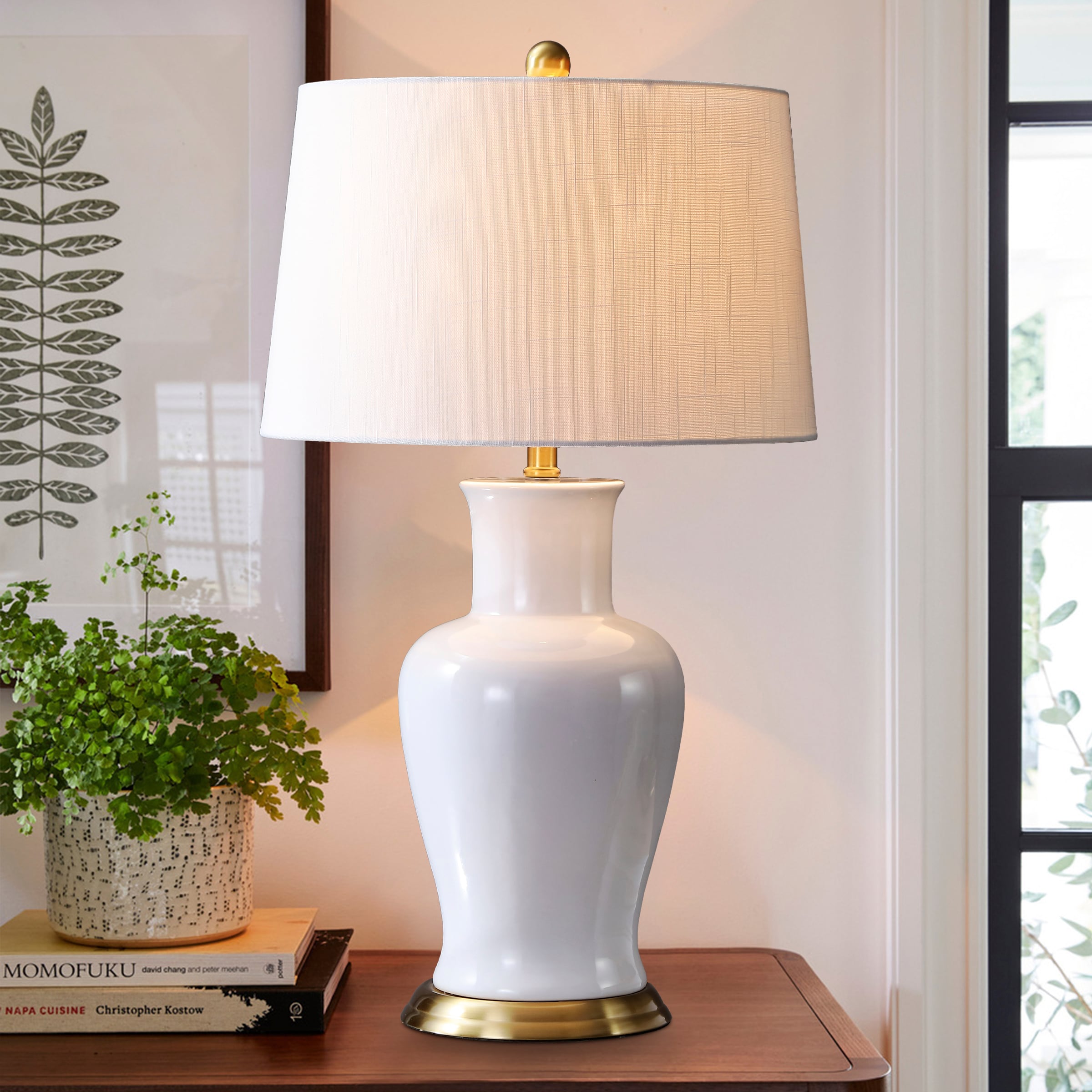 JONATHAN  Y JYL4026A Julian Classic Ceramic Urn 29-in White/Gold LED Rotary socket Table Lamp with Linen Shade
