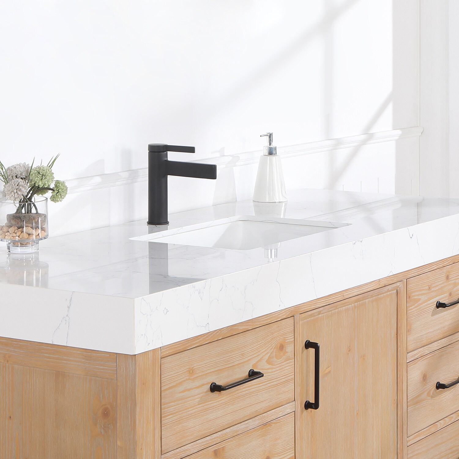 Leon 60" Fir Wood Brown Bathroom Vanity with White Composite Top