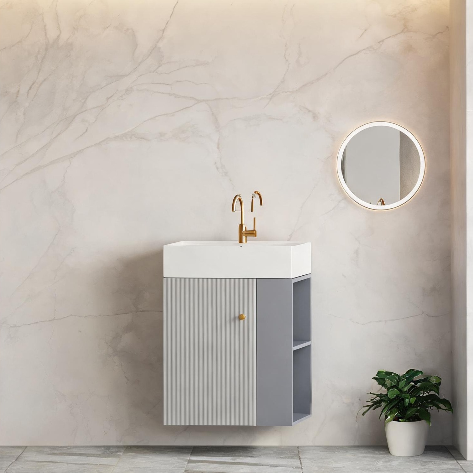 Naturefalls - Wood soft gray wall-mounted vanity with ceramic sink and open shelf 21.6 inch conte...