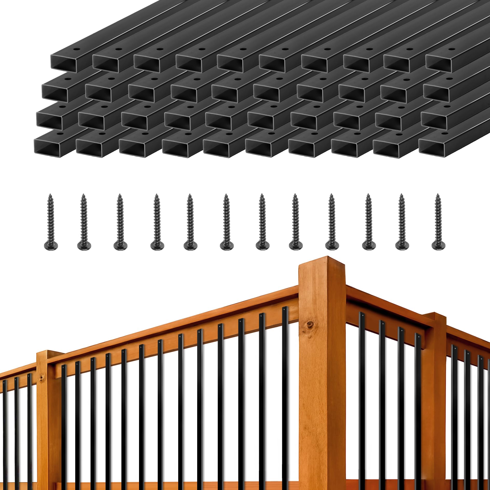 Justincity  36 in Black Metal Deck Balusters Hollow Rectangular Stair Railing with Screws 50 Pack for Deck Porch and Indoor Stairs